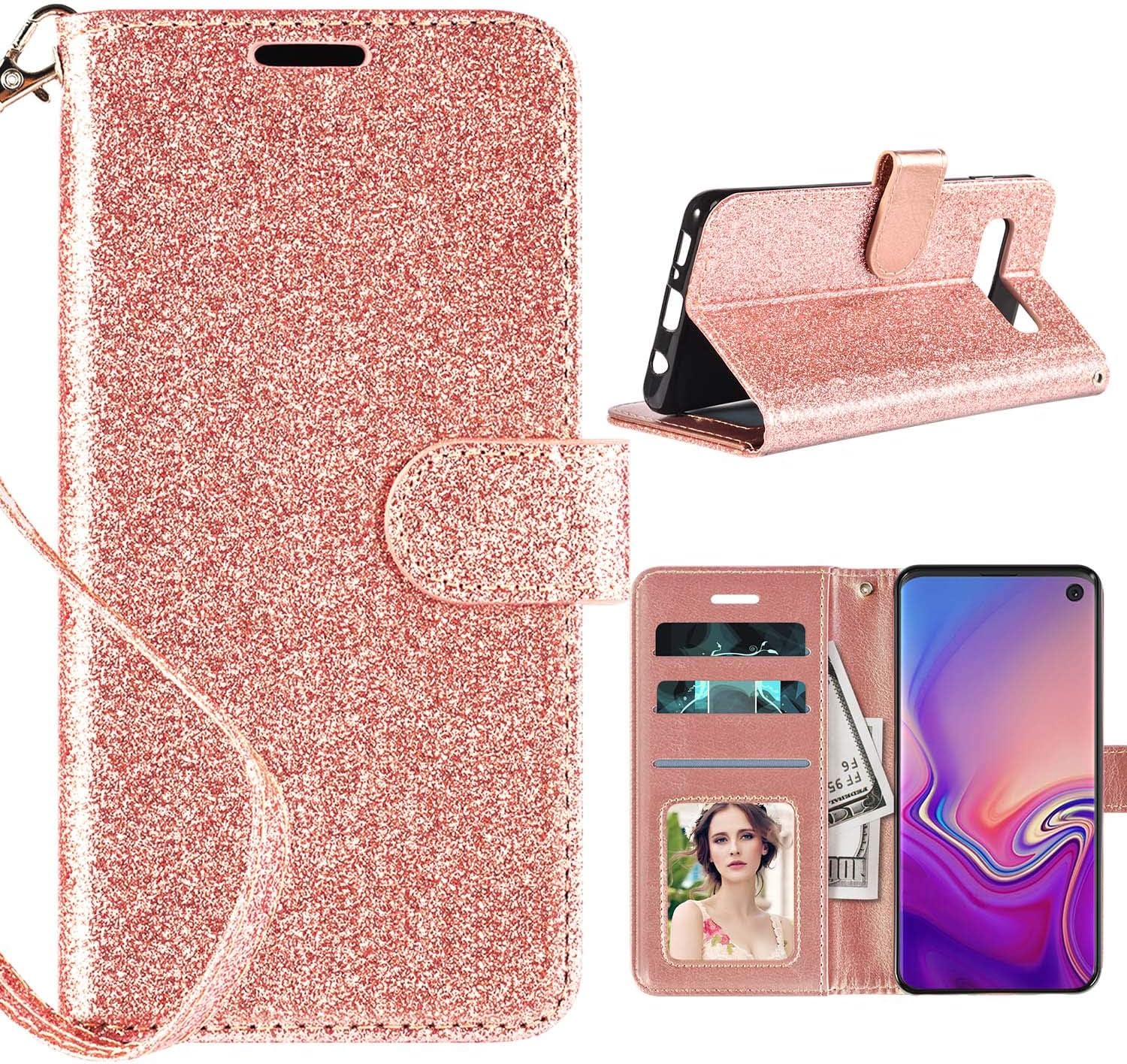 Samsung Galaxy S10e Case／S10 Lite Case Wallet, Casekey [Kickstand] [Card Slots] [Wrist Strap] 2 in 1 Glitter Magnetic Flip PU Leather Wallet Case for Samsung Galaxy S10e/S10 Lite, Rosegold