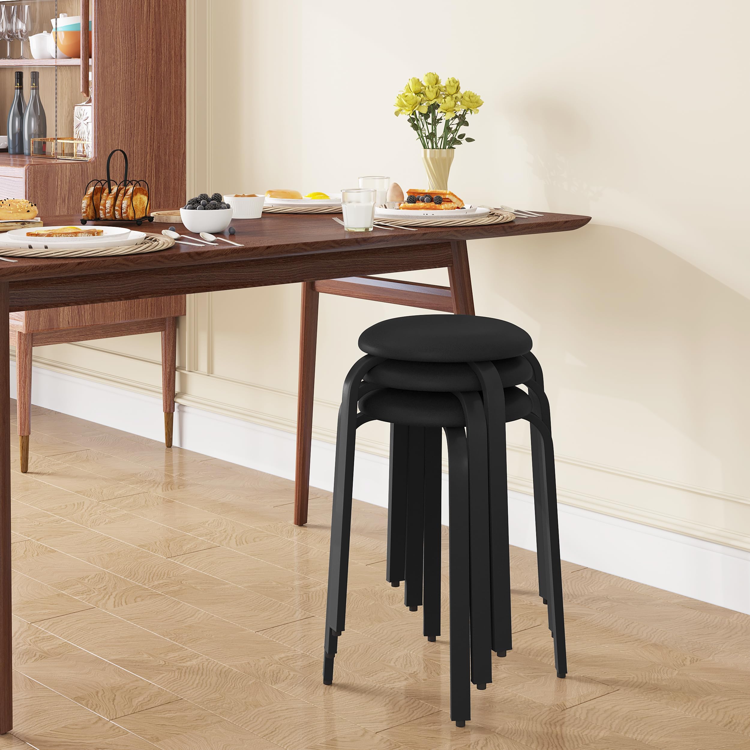 Lestarain 2xTaburete de Comedor Redondo Apilable, Asiento Acolchado, Marco Metálico para Cocina, Comedor, Dormitorio, Pasillo, Negro, LCNI116002-2