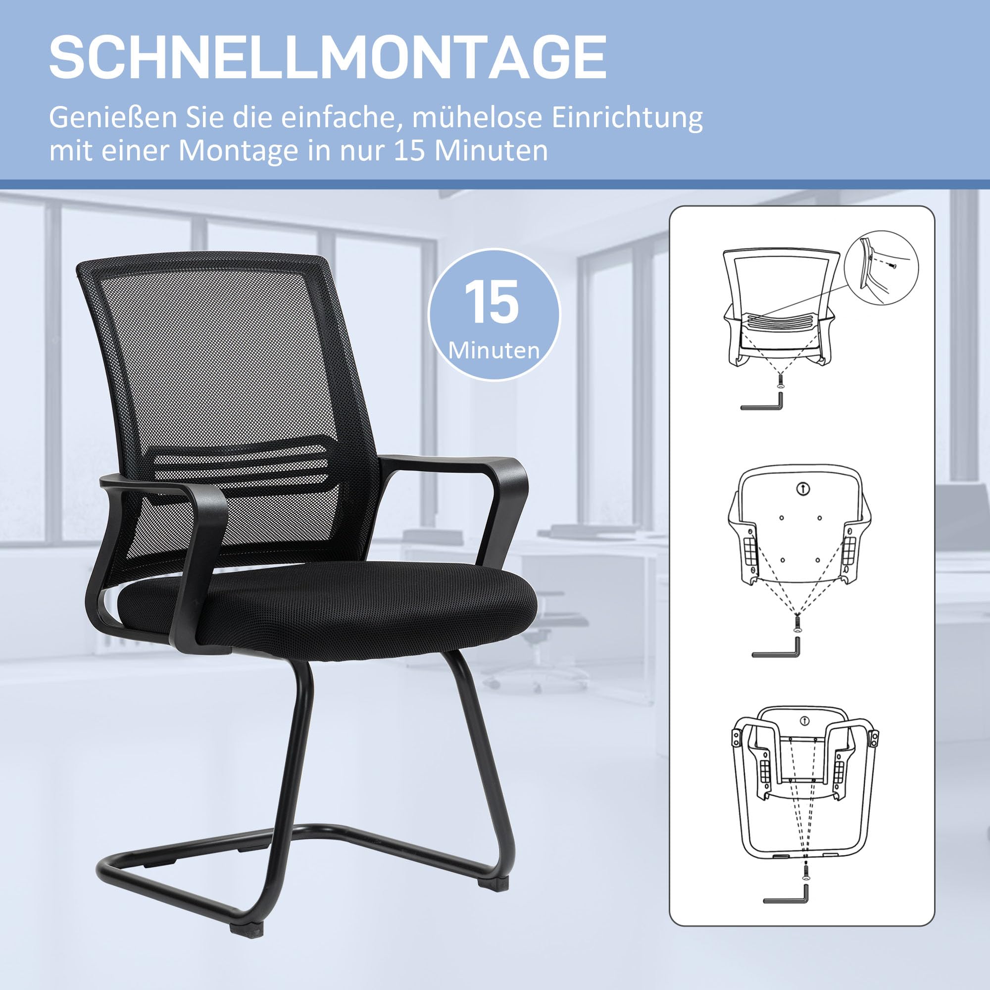 HOMCOM Bürostuhl Freischwinger Besucherstuhl mit Armlehne, Kufenbasis Ergonomischer Schwingstuhl Konferenzstuhl Bürostühle für Büro, Konferenzraum, Arbeitszimmer Schwarz