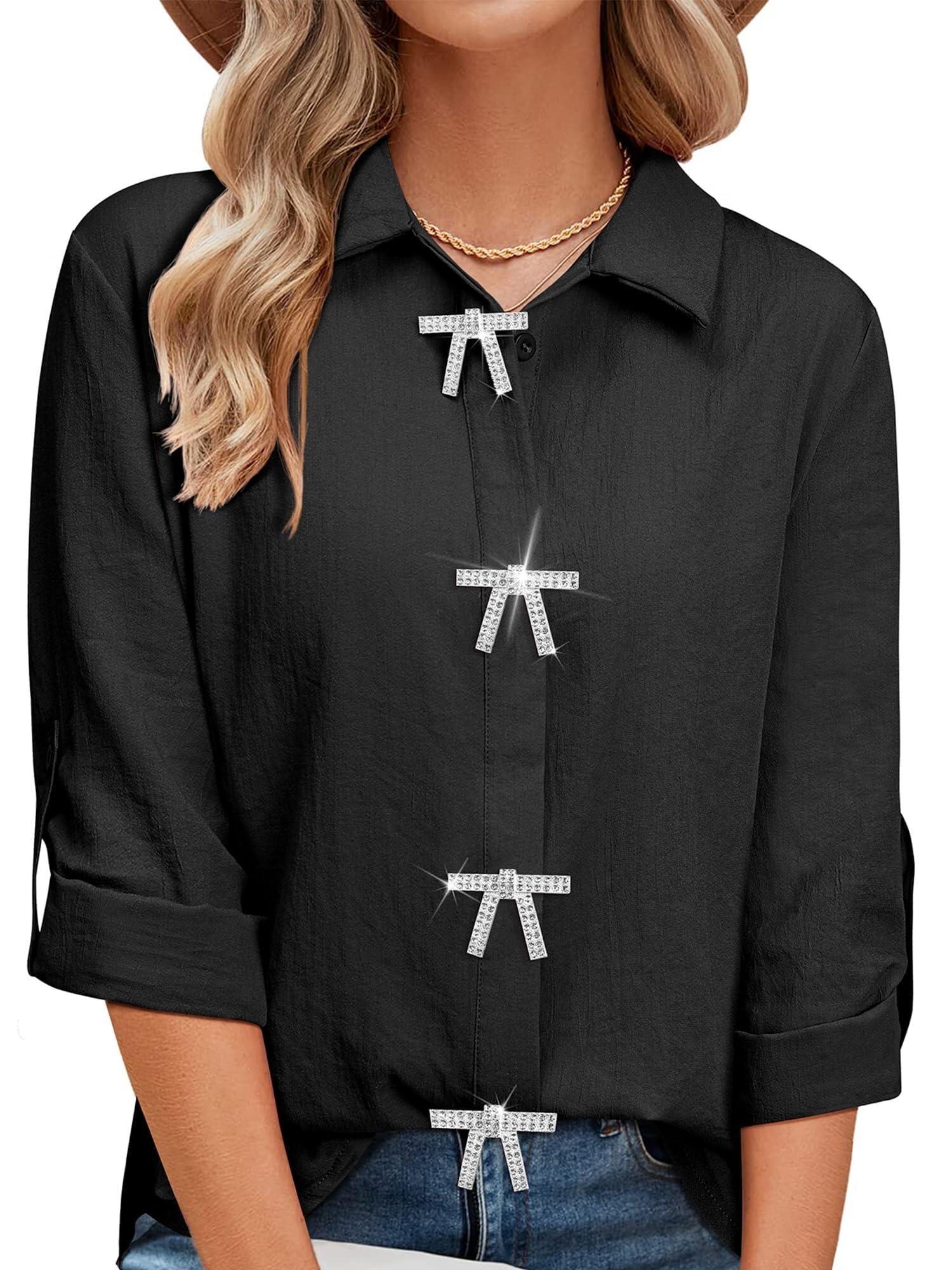 Aria Luxe Womens Rhinestone Fringe Button Down Shirt Rolled 3/4 Sleeve Sparkly Top Concert Nashville Western Cowgirl Outfit(02a-black,M)