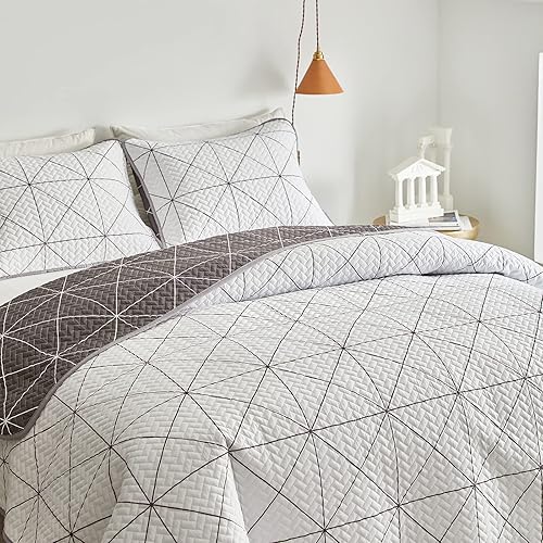 Miniatura 5 de Juego de edredón reversible de 3 piezas, cuadriculado blanco y gris, tamaño Queen 88 x 88 pulgadas, suave microfibra ligera, colcha de verano para