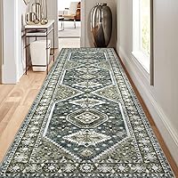 Vista 1 de Alfombra bohemia lavable para pasillo de cocina, 2 pies 6 pulgadas x 8 pulgadas, verde oliva y azul, suave, vintage, antideslizante, para entrada