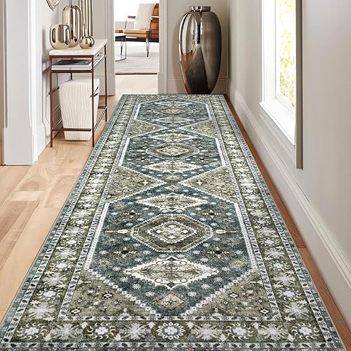 Alfombra bohemia lavable para pasillo de cocina, 2 pies 6 pulgadas x 8 pulgadas, verde oliva y azul, suave, vintage, antideslizante, para entrada de