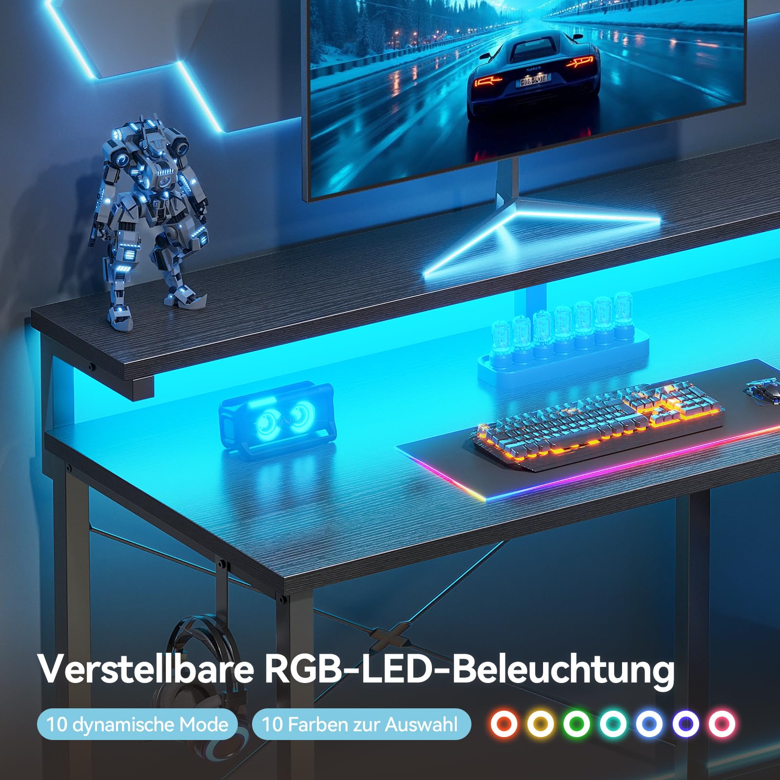 Coleshome Gaming Tisch mit LED Beleuchtung,Kleiner Schreibtisch mit Stoffschublade & CPU-Stand, Computertisch Bürotisch PC tisch mit Monitorstand, für Büro, Gaming, Home Office, 100×45×74.5cm, Schwarz