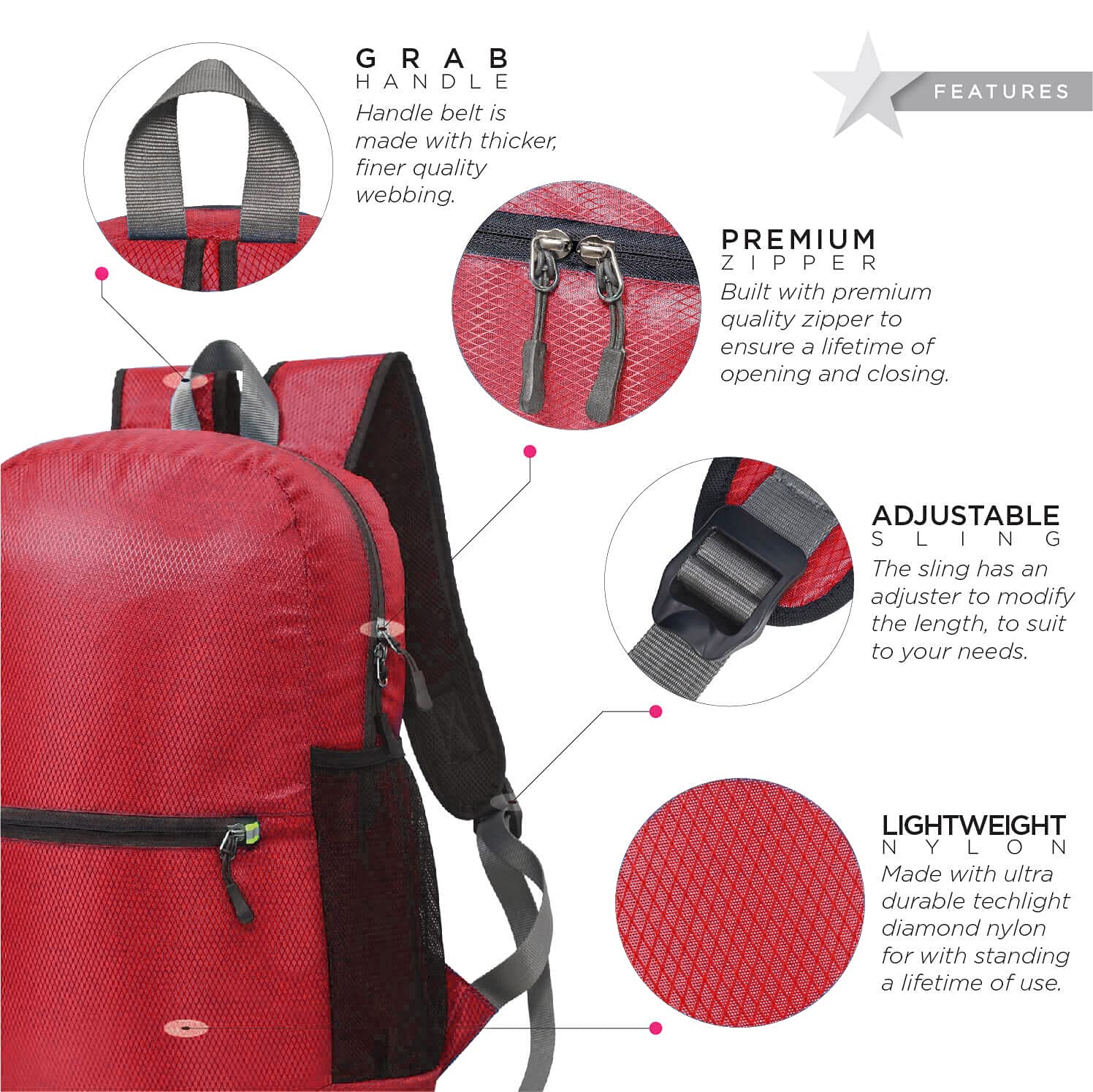 FATMUG Rucksack Travel Backpack For Camping, Trekking- Foldable, Light-Weight (25 L,Red), Medium 2