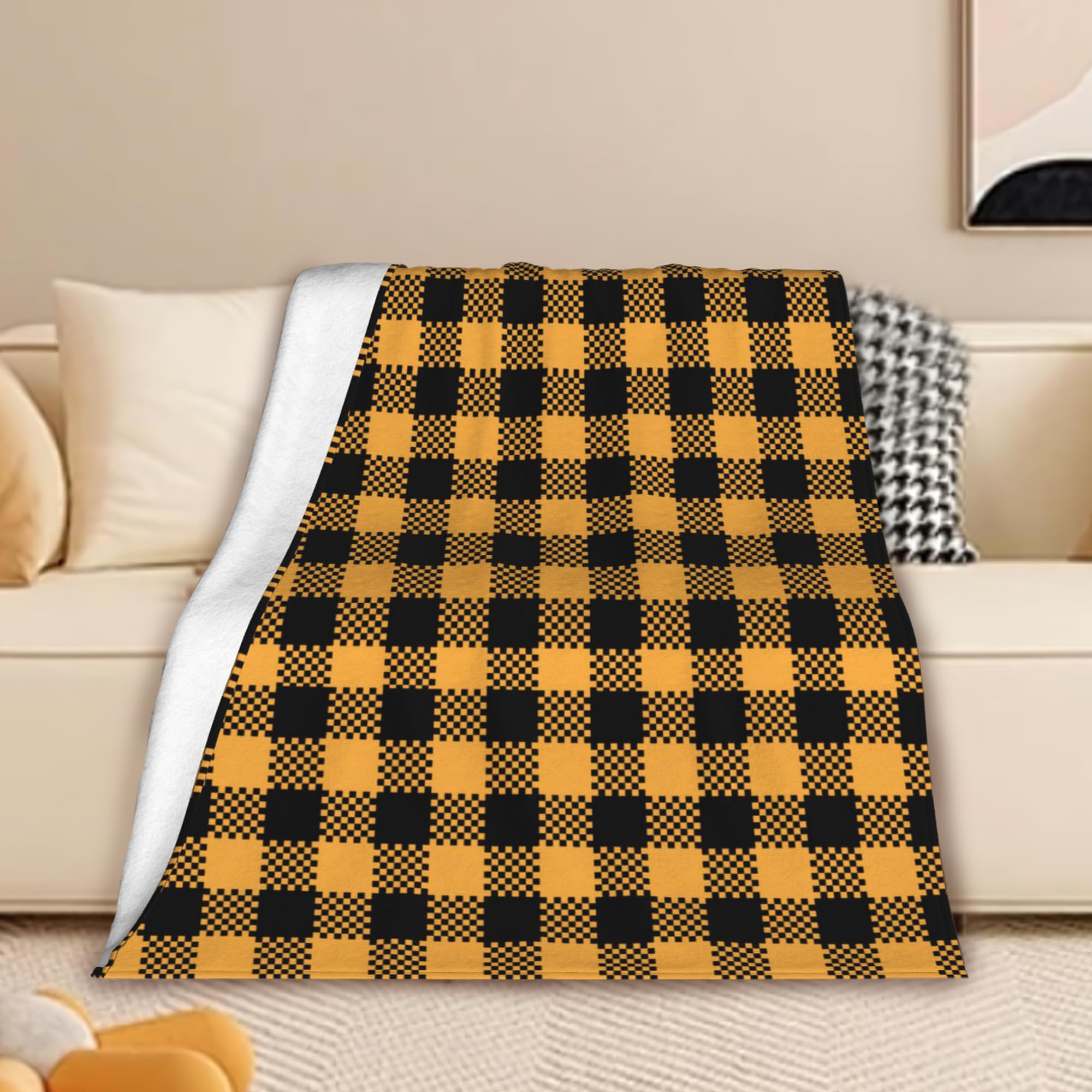Manta de cuadros escoceses negros y naranjas, manta de franela naranja para Halloween, unisex, manta ligera y suave para niñas, niños y adultos, sofá de 50 x 60 pulgadas