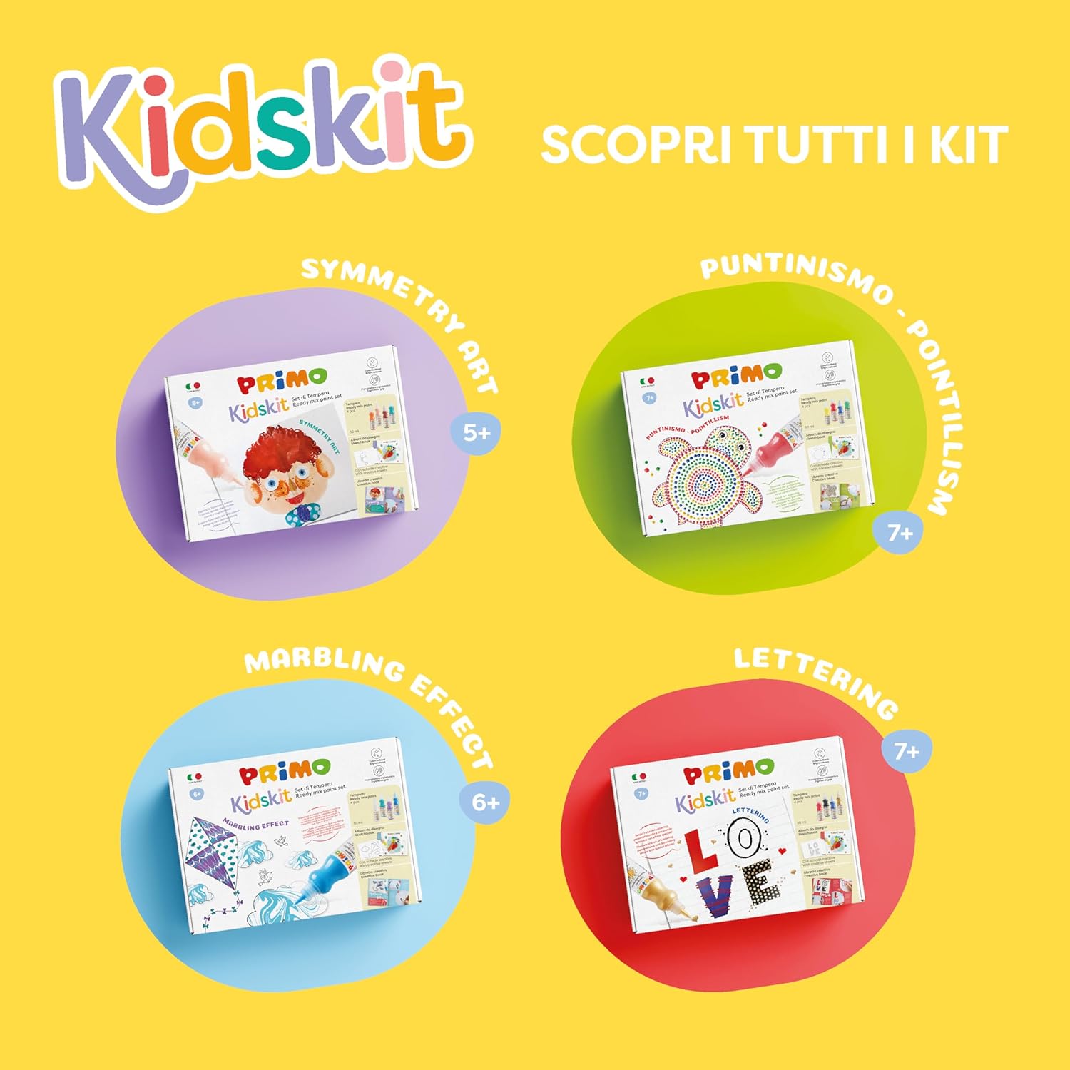 Primo Kidskit Marbling Effect - Craft Set Children from 6 Years, Set of 4 Tempera Colours with Dosing Tip 50 ml, 1 Colouring Book for Drawing Learning Children, 1 Creative Book for Painting Set