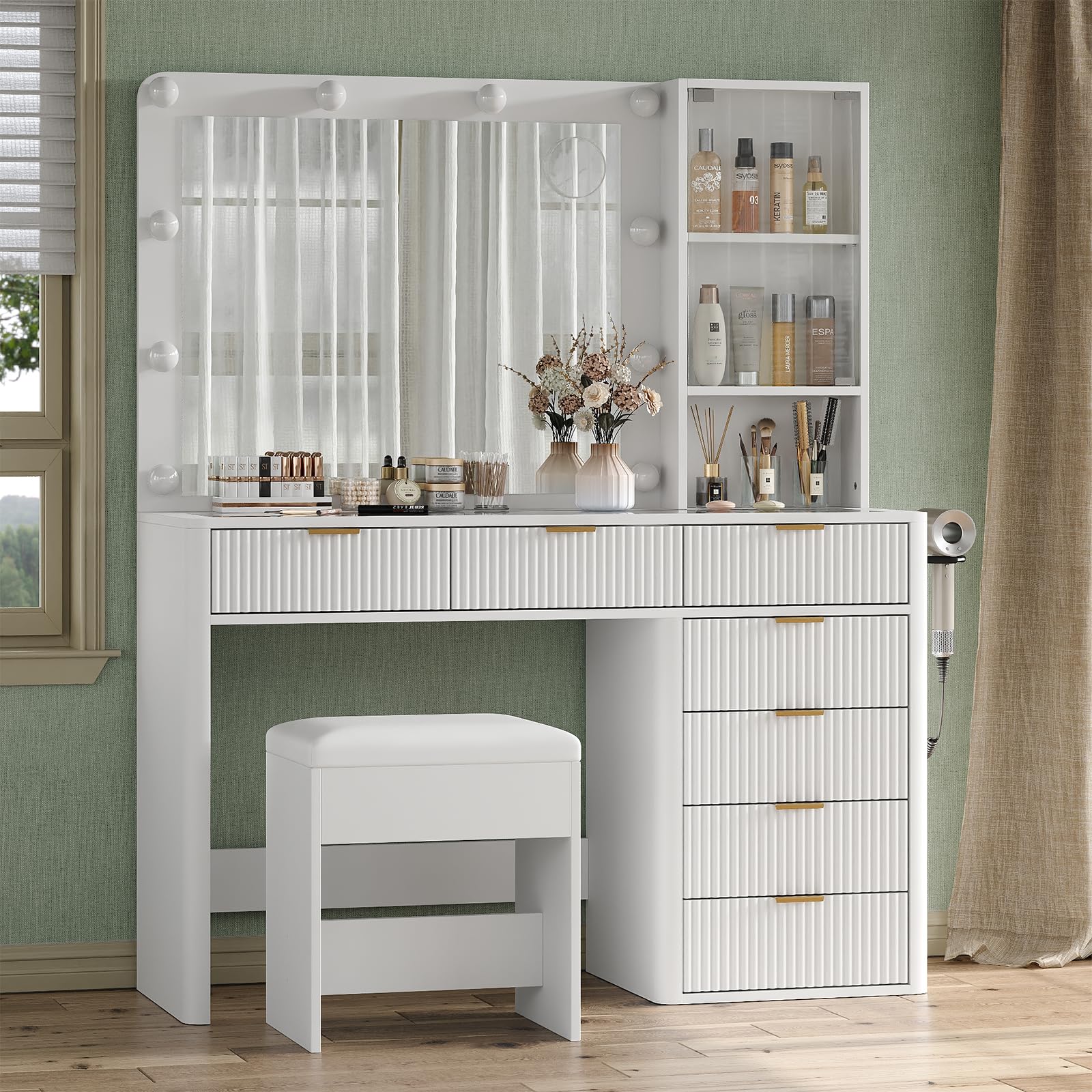 Yanosaku 47" Fluted Vanity Desk with Mirror & LED Lights, 7-Drawer Makeup Vanity with Glass Top & Cabinet, Vanity with Chair & Charging Station, 3 Lighting Modes, for Bedroom, Natural Oak