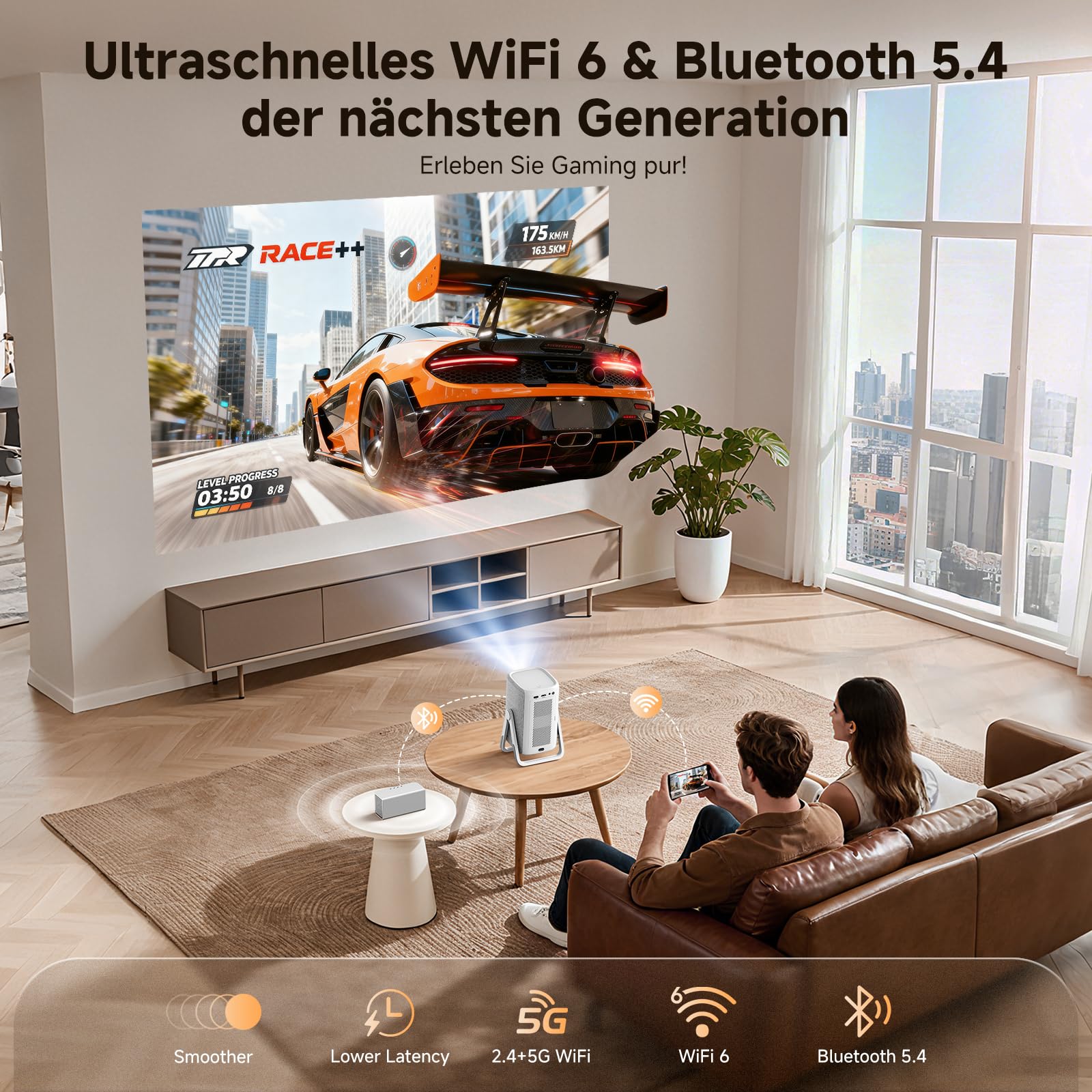 Beamer 4K mit Netflix, iSinbox 1200ANSI 4K Heimkino & Outdoor kurzdistanz Beamer, Smart projektor mit Dolby Audio, Autofokus & Trapezkorrektur, WiFi 6＆ Bluetooth 5.4, HDR10+, Dual-Mode Standfuß