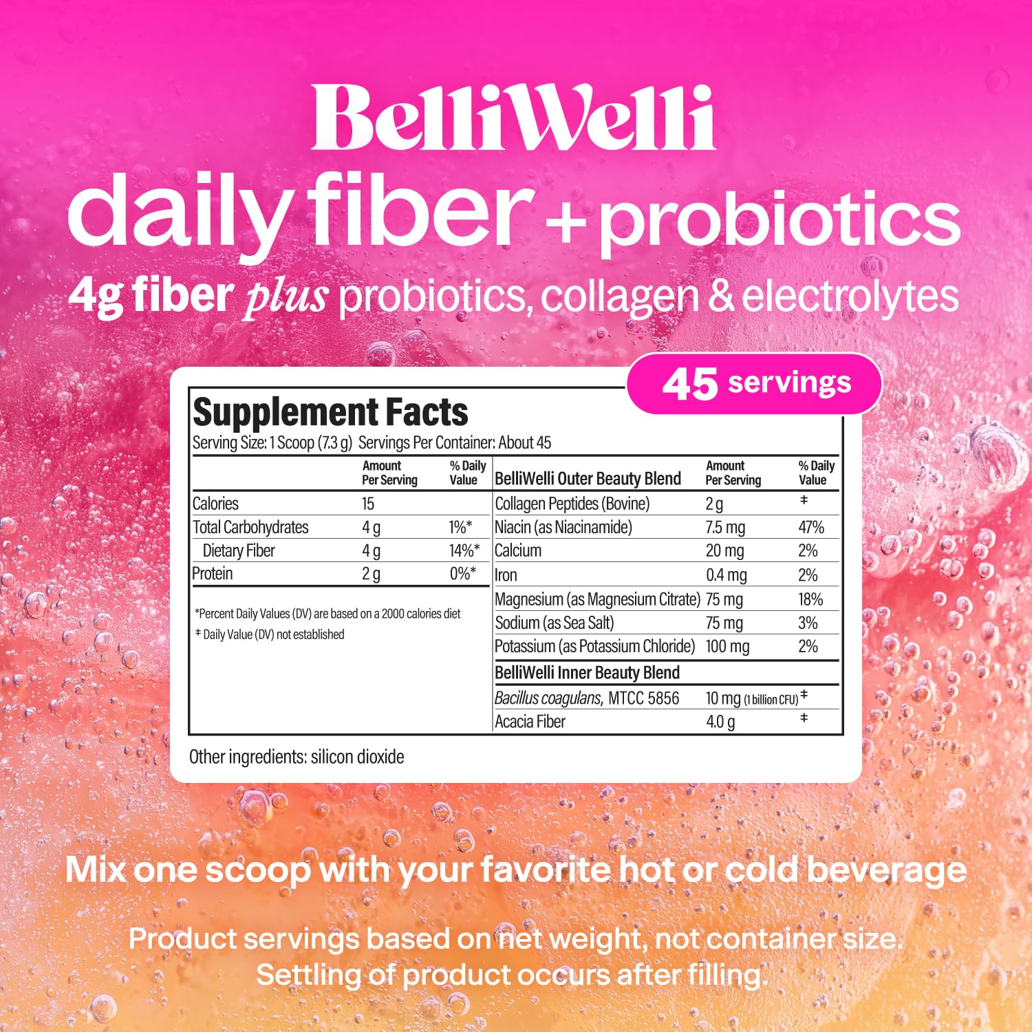 Belli Welli Fiber Supplement Powder with Prebiotics for Digestive Health and GLP-1 Support, Soluble Fiber for Gut Health & Debloat, Keto, Gluten Free, 45 Servings (1 Pack) Unflavored — Amazon image 2