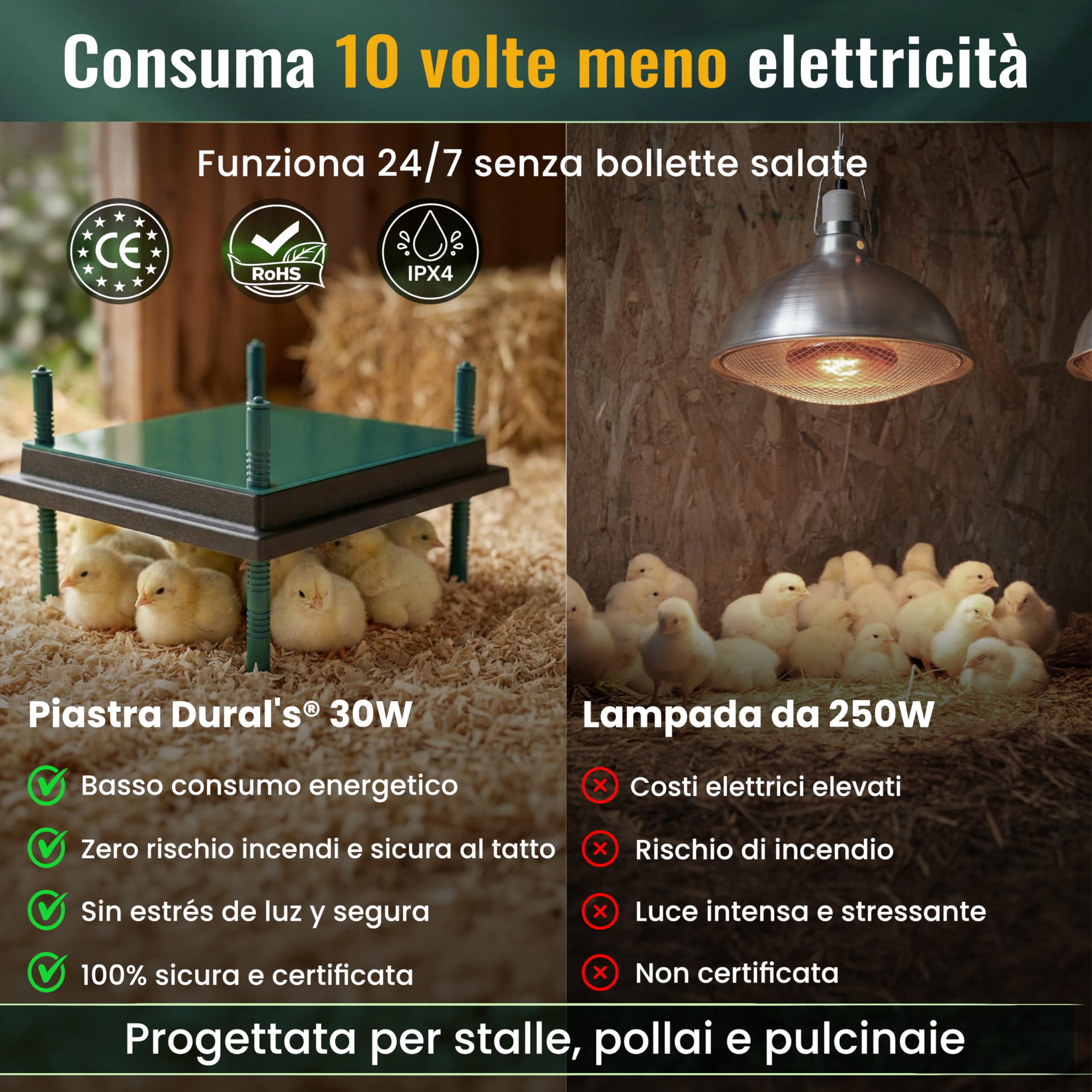 Dural’s® Piastra Riscaldante Pulcini (-80% di Energia) con Copertura - Pannello Allevamento 30W (25-30 Pulcini) - Calore Dolce Anti-Stress (Quadrato: 35x35 cm (capacità 25-30 pulcini))
