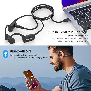 Tayogo Swimming Headphones, Bone Conduction Open-Ear Headphones for Swimming, 32GB MP3 Player & Bluetooth 5.4, Underwater Swimming Headphones, Earbuds Underwater for Running Cycling Workout (Black)