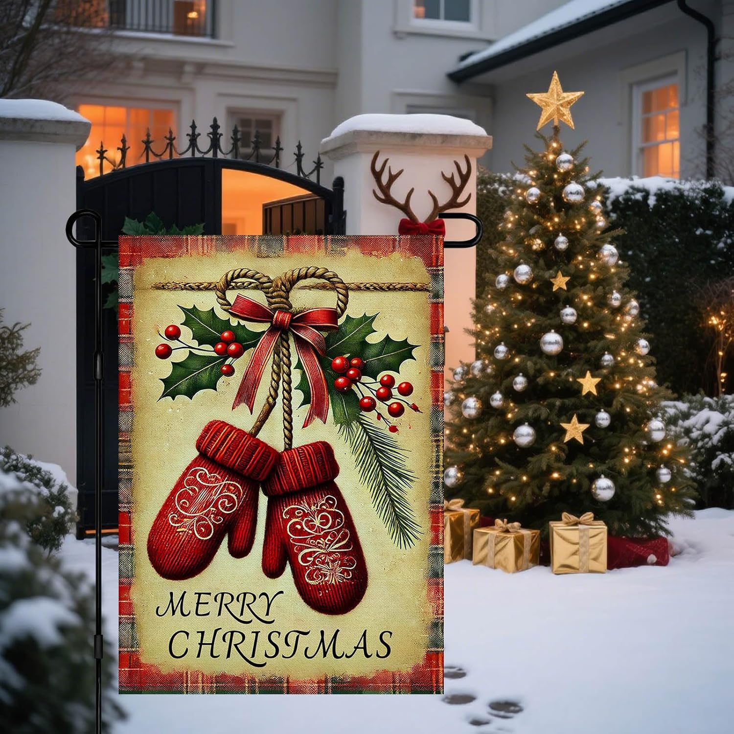 Christmas Garden Flag 12x18 Inch Welcome Red Mittens Holly Yard Flag Double Sided Holiday Outdoor Banner with Plaid and Pine for Winter Porch Lawn Patio - Image 5