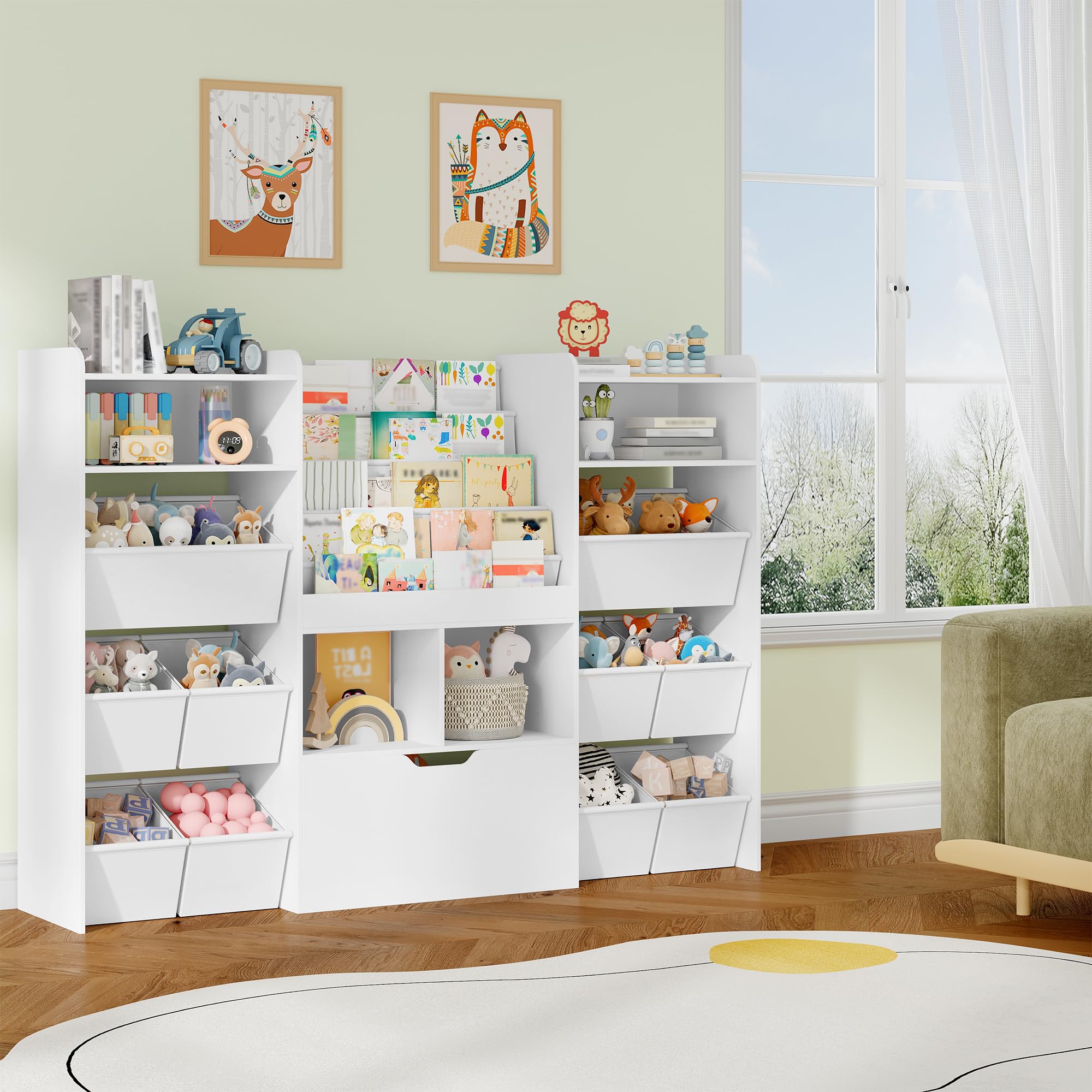 HEXCELEN Meuble Rangement Enfant avec Porte-journaux, Bibliothèque Enfants avec Tiroirs Roulants, 10 Boîtes en Non-tissé, Étagère à Jouets, pour Chambres d'enfants, Bureau, 30 x 140 x 100 cm Blanc