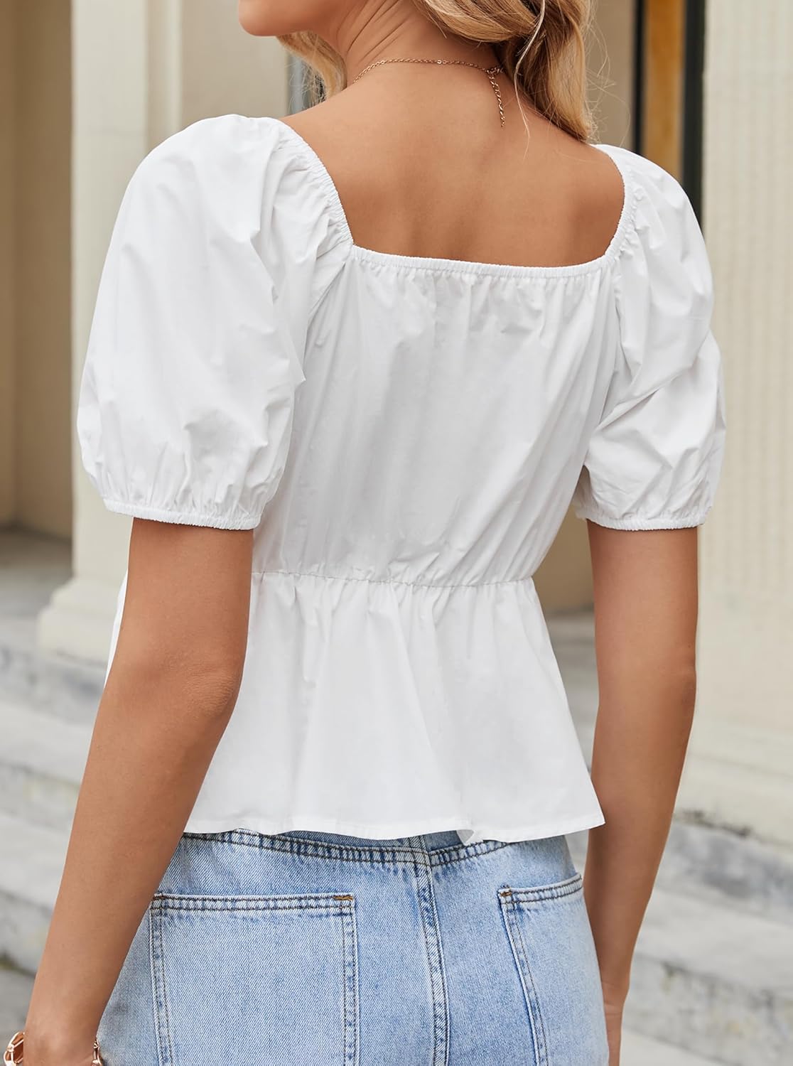 Remidoo Women's Sexy Deep V Neck Peplum Tops Ruffle Hem Puff Short Sleeve Crop Top Blouse - Image 5