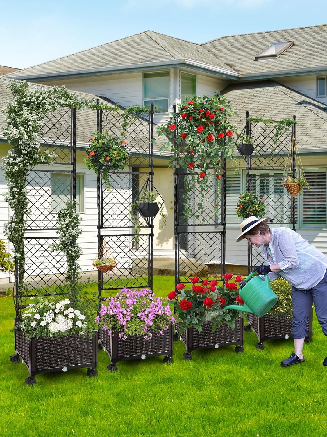 Kalolary 170CM Raised Garden Bed with Metal Trellis, Large Plastic Planter Box with Drainage Hole on Wheels Tomato Planters Climbing Trellis Outdoor Indoor for Climbing Plants Vegetable Flowers Vine