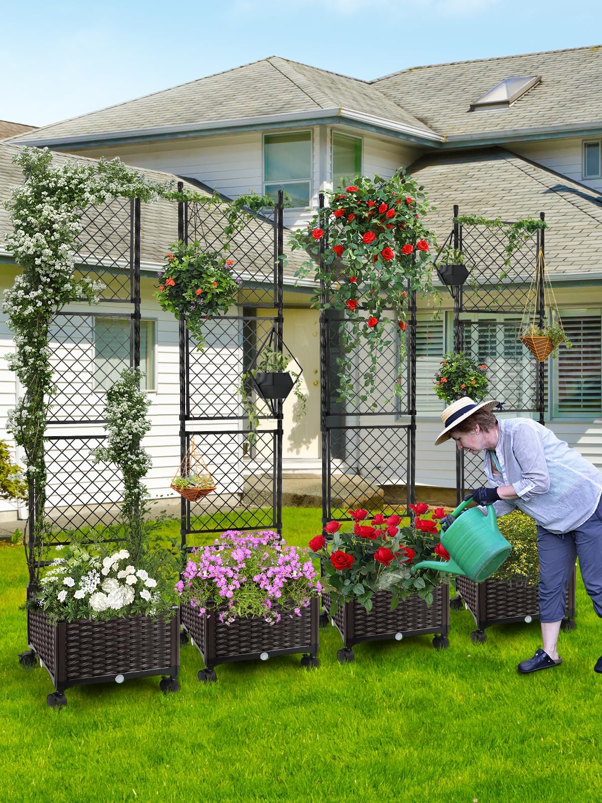 Kalolary 175 cm Jardinera Elevada con Enrejado Metálico, Jardinera Grande Plástico con Orificio Drenaje y Ruedas para Plantas Trepadoras Verduras Flores Soporte para Jardinera Elevada de Exterior
