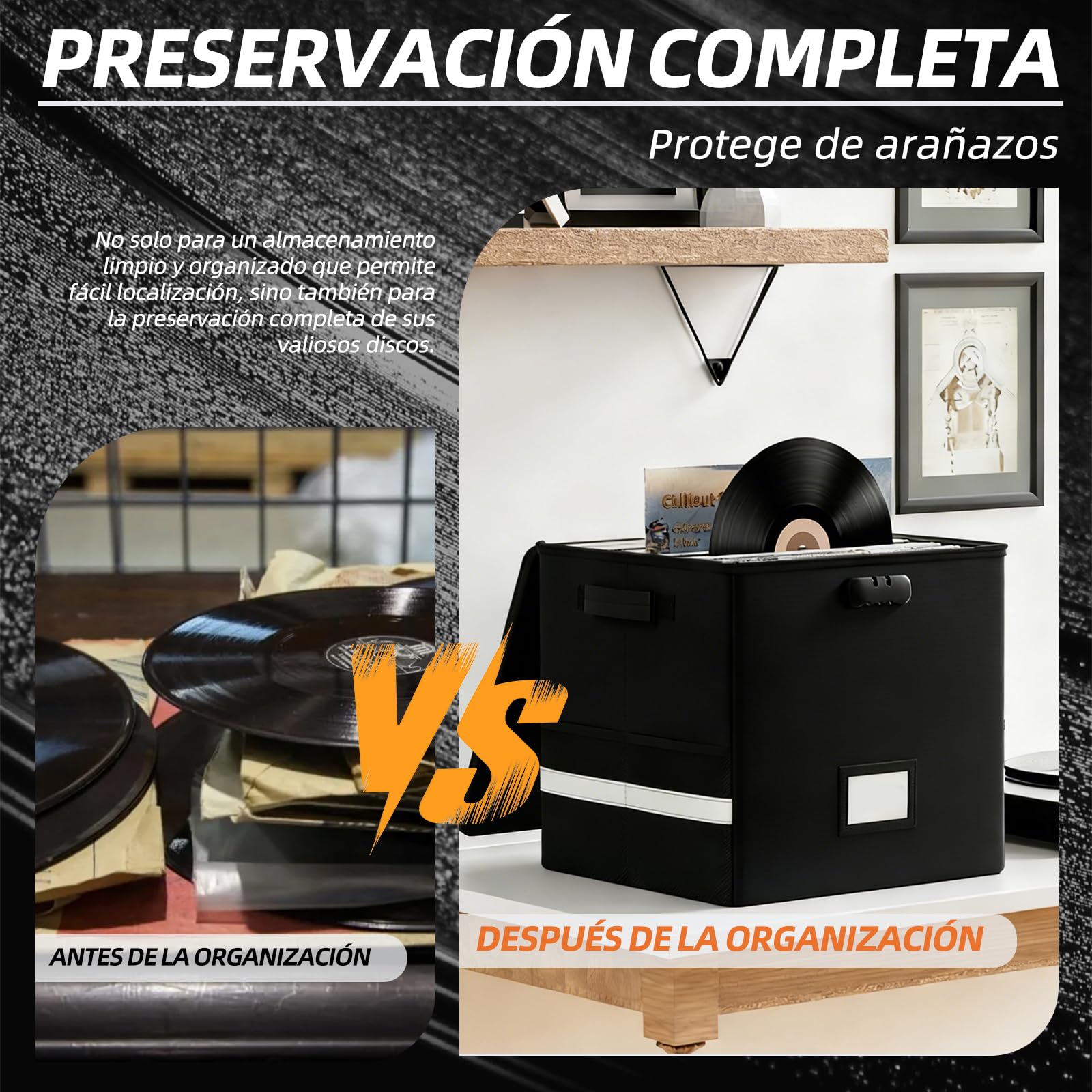Caja de almacenamiento ignífuga para discos de vinilo con cerradura, gran capacidad, plegable e incluye etiqueta de nombre. Perfecto para coleccionistas de álbumes raros. Caja de música para el
