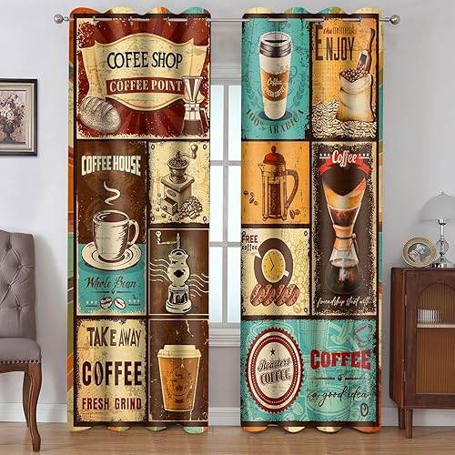 Retro Brown Coffee Blackout Curtains,Tan Curtain 84 Inches Long,Coffee Art Checkered Fashion Insulated Curtains for Cafe Coffee Shops Bedroom Kitchens 2Panels HI029DX