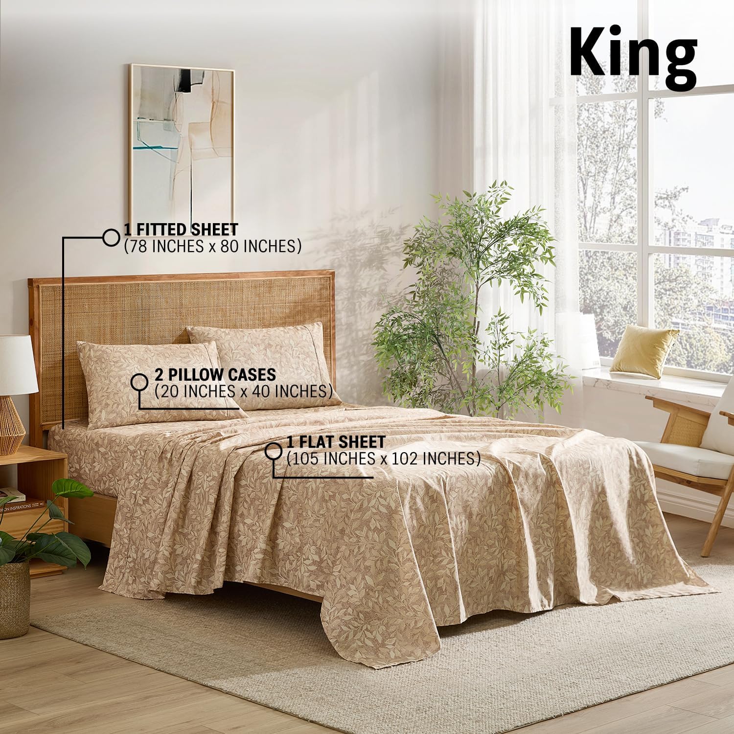 HLC.ME Leaves Printed - Brown Taupe Floral Sheets - 4 Piece Patterned Bed Sheet Set - Wrinkle Resistant & Ultra Soft - Fits Mattresses up to 15 Inches Deep (King Size, Brown Taupe Tan)