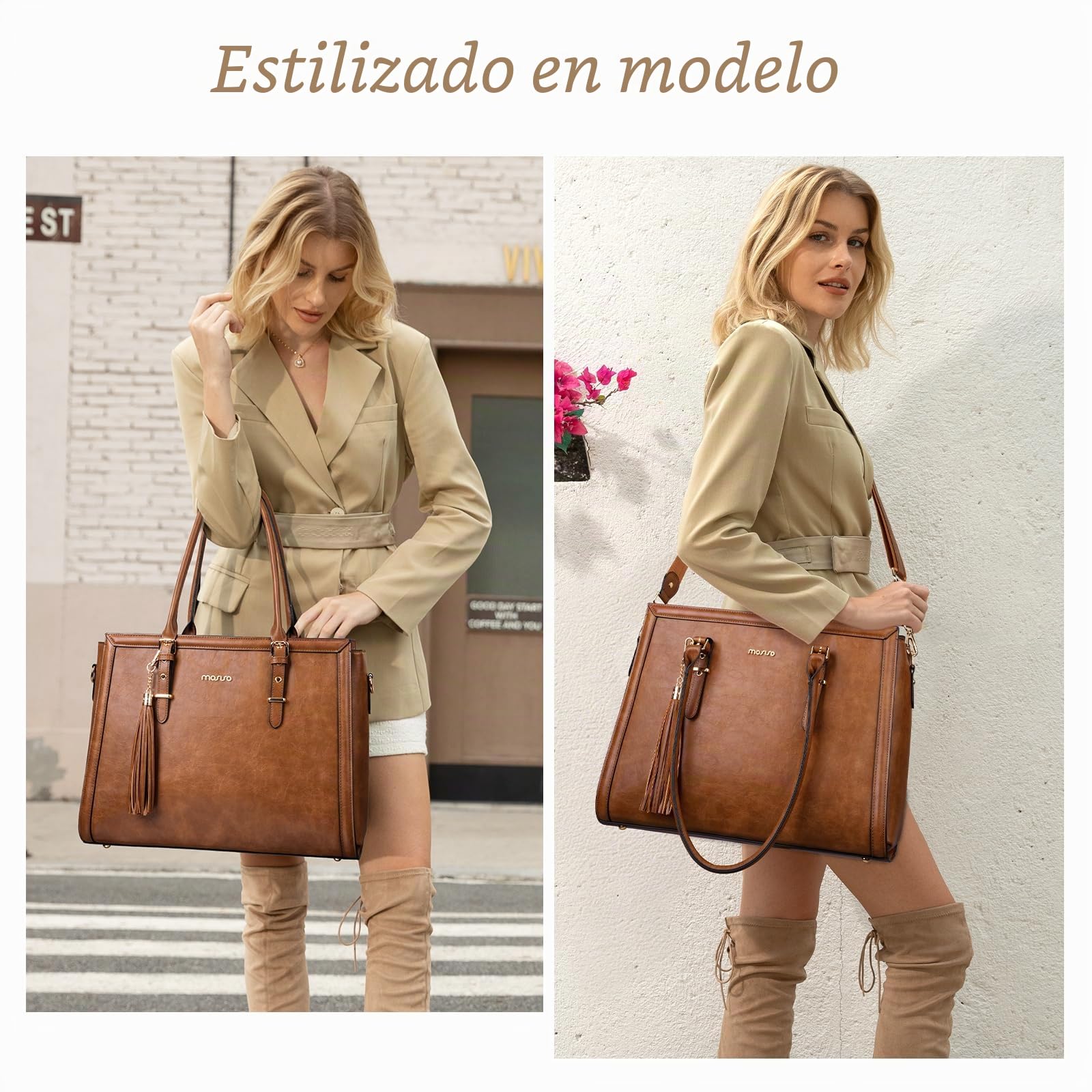 MOSISO Bolso Portátil de Mujer, Bolso Tote Vintage PU | con Compartimento, Gran Capacidad Bolso Mano para Trabajo con Monedero&Borla