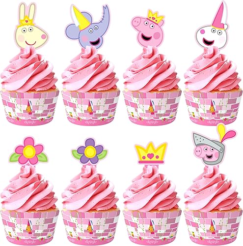 Treasures Gifted Decoraciones de cumpleaños de princesa Peppa Pig con licencia oficial – 24 piezas de peppa pig cupcakes Toppers & Wrappers –