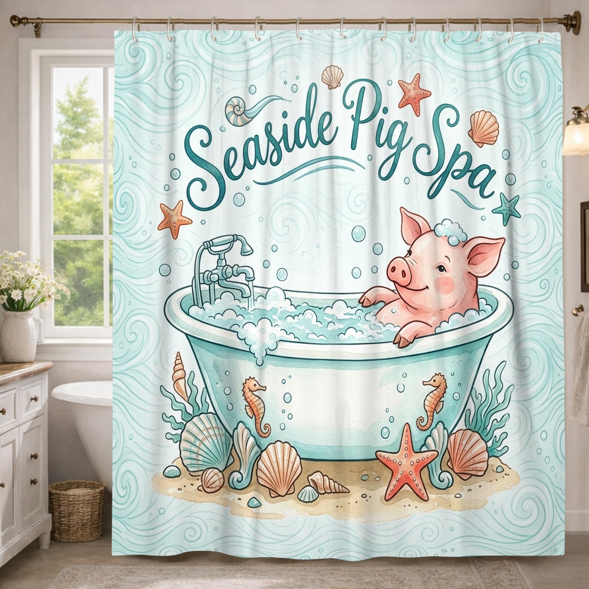 Rideau de douche polyester imperméable déco salle de bain étoiles de mer 183x243cm