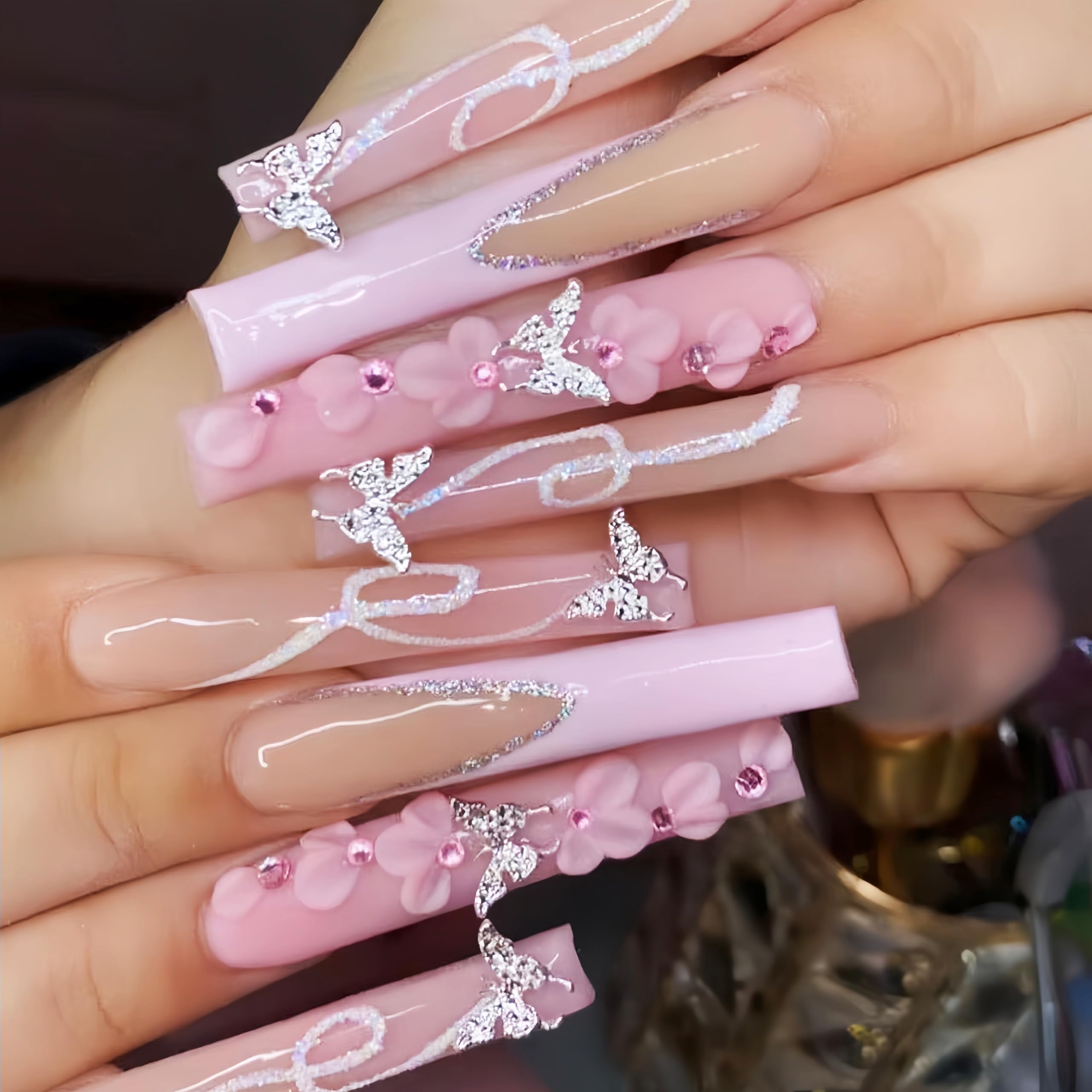 24Pcs Silver Butterfly Rhinestones Press on Nails Long Square Fake Nails French Tip False Nails with Flower Butterfly Design Glue on Nails Glitter