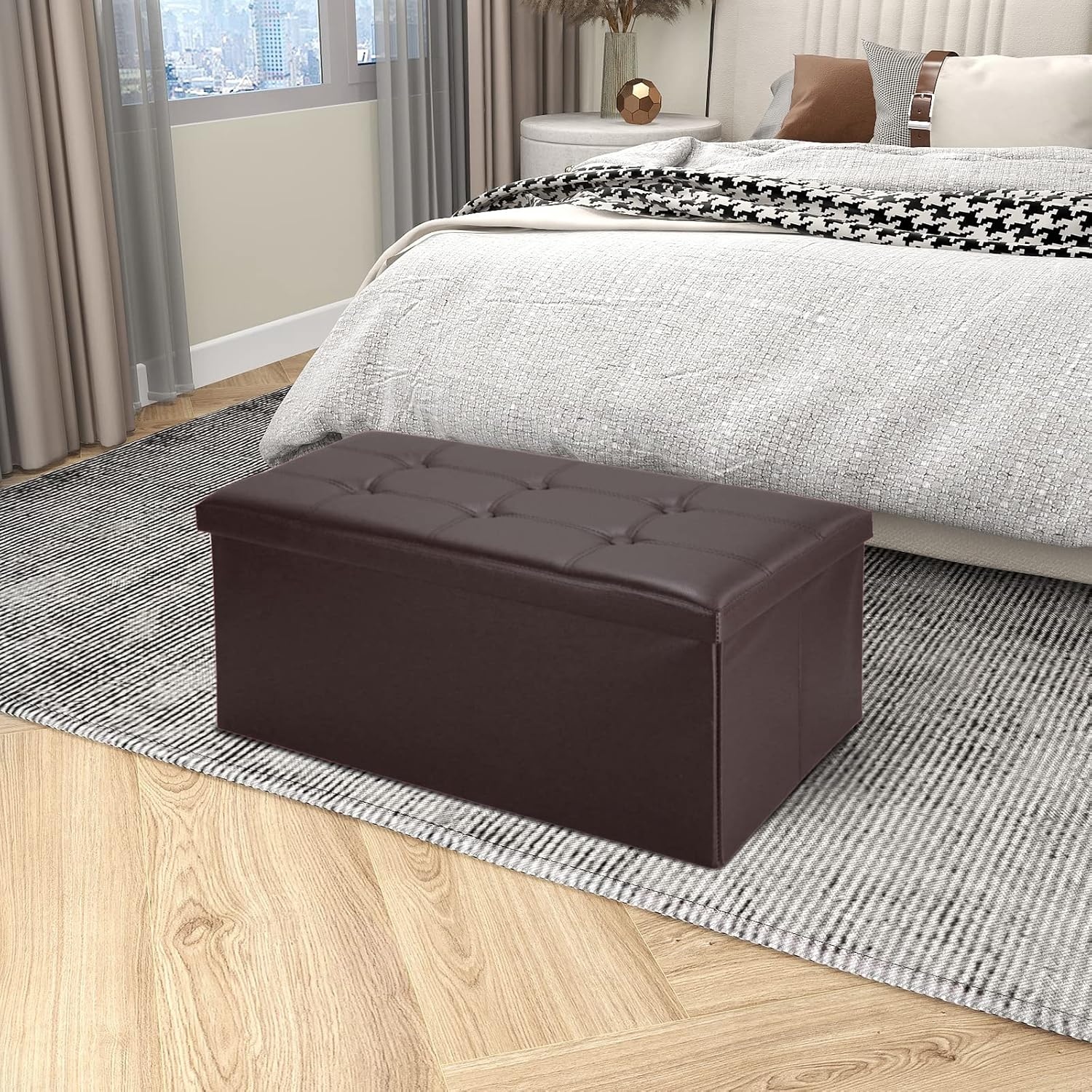 Todeco - Leather look folding Bench, Folding Storage Ottoman - Maximum load: 330 lbs - Material: Faux leather - Stitched and tufted finish, 29.9 x 15 x 15 inch, Brown
