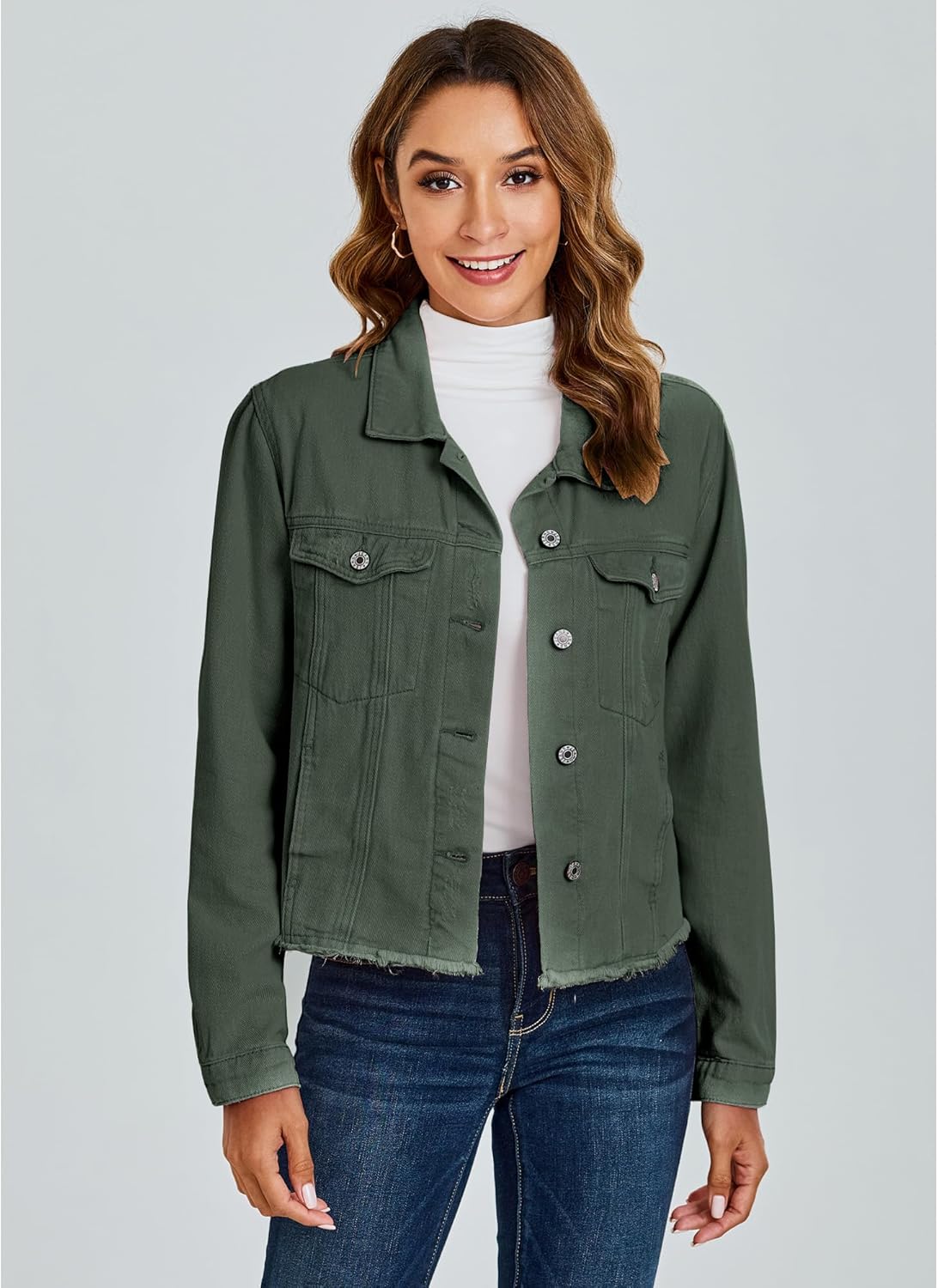 luvamia Denim Jacket for Women Distressed Jean Jackets Button Up Vintage Western Trucker Jacket Frayed Hem Pockets - Image 6