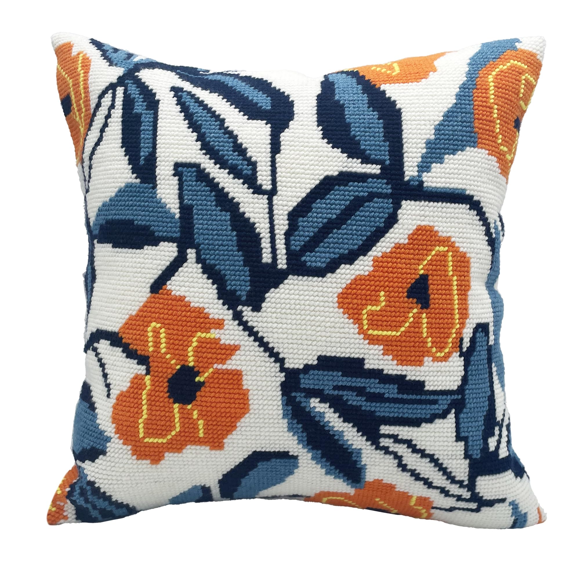 Howie's Needlepoint Needlepoint Kits for Adults, Pillow Front Cross Stitch Kit with Embroidery Pattern on Canvas, Yarn, 2 Needles and Instruction, 16 x 16inch(Orange Flowers)