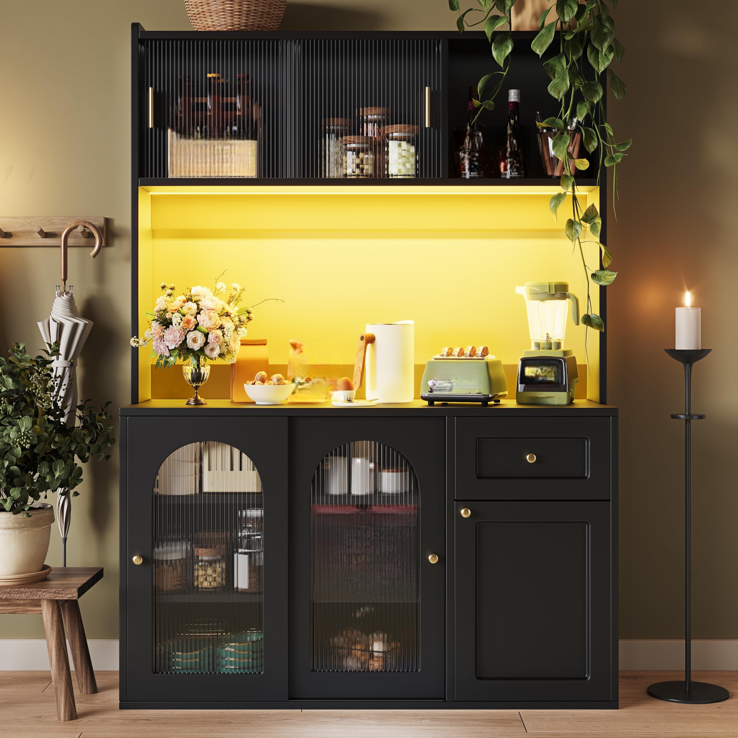 Küchenschrank mit Arbeitsplatte und LED-Beleuchtung, Buffetschrank Küchenschränke mit Verstellbaren Ablagen und Schubladen, Küchenbuffet Buffetschrank, 120x35x167 cm, Schwarz