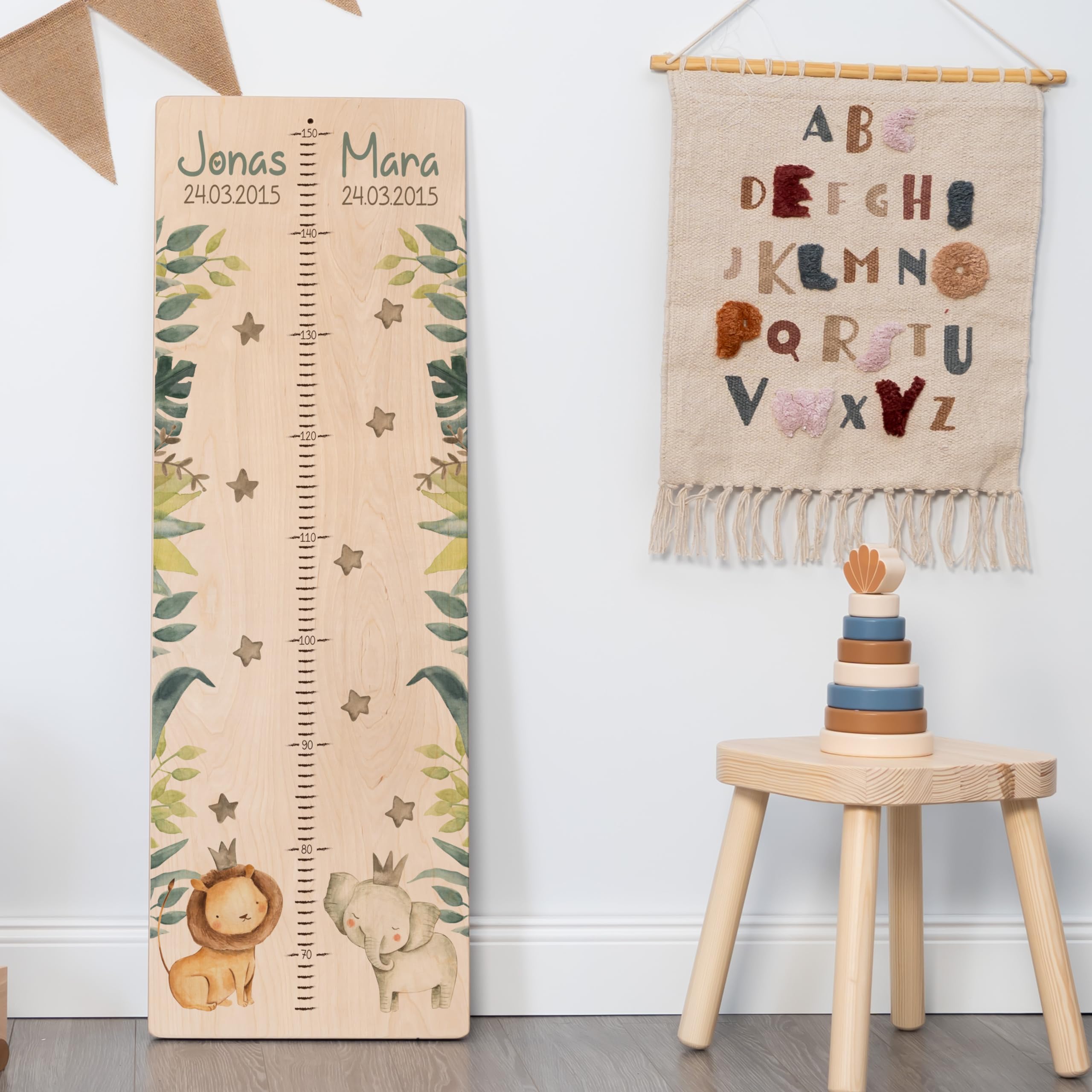 Kidsmood Personalisierte Geschwister-Messlatte aus Holz, Kinderzimmer Deko für Mädchen und Jungs, Personalisiertes Geschenk für Babys und Kinder, Messlatte Kind Holz