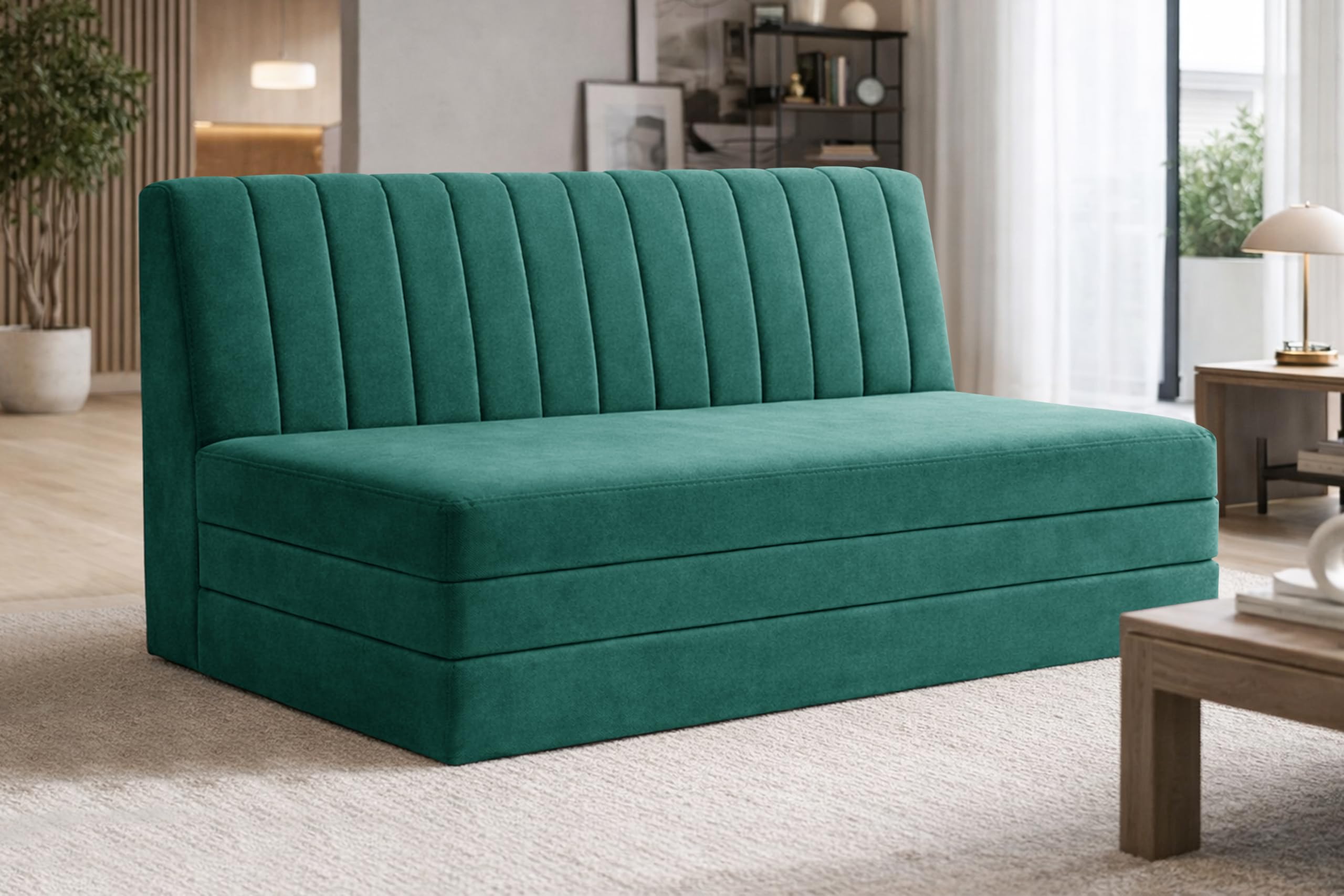 Deco Studio 3-Seater Convertible Floor Sofa Bed with Adjustable Backrest, Modern Velvet Fabric Folding Couch for Living Room, Guest Room & Small Spaces-Green