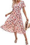 PRETTYGARDEN Robe d'été pour femmes Floral Boho Maxi Robe courte encolure V Col Ruffle longue plage fluo Robes d'invitées de mariage