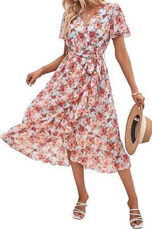 PRETTYGARDEN Women's Summer Floral Boho Maxi Dress Wrap Short Sleeve V Neck Ruffle A-Line Flowy Wedding Guest Long Dresses