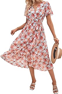 Women's Summer Floral Boho Maxi Dress Wrap Short Sleeve V Neck Ruffle A-...