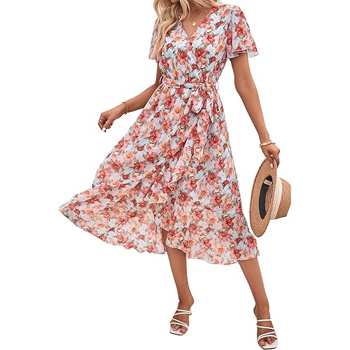 PRETTYGARDEN Women's 2024 Floral Boho Dress Wrap V Neck Short Sleeve Belted Ruffle Hem A-Line Flowy Maxi Dresses