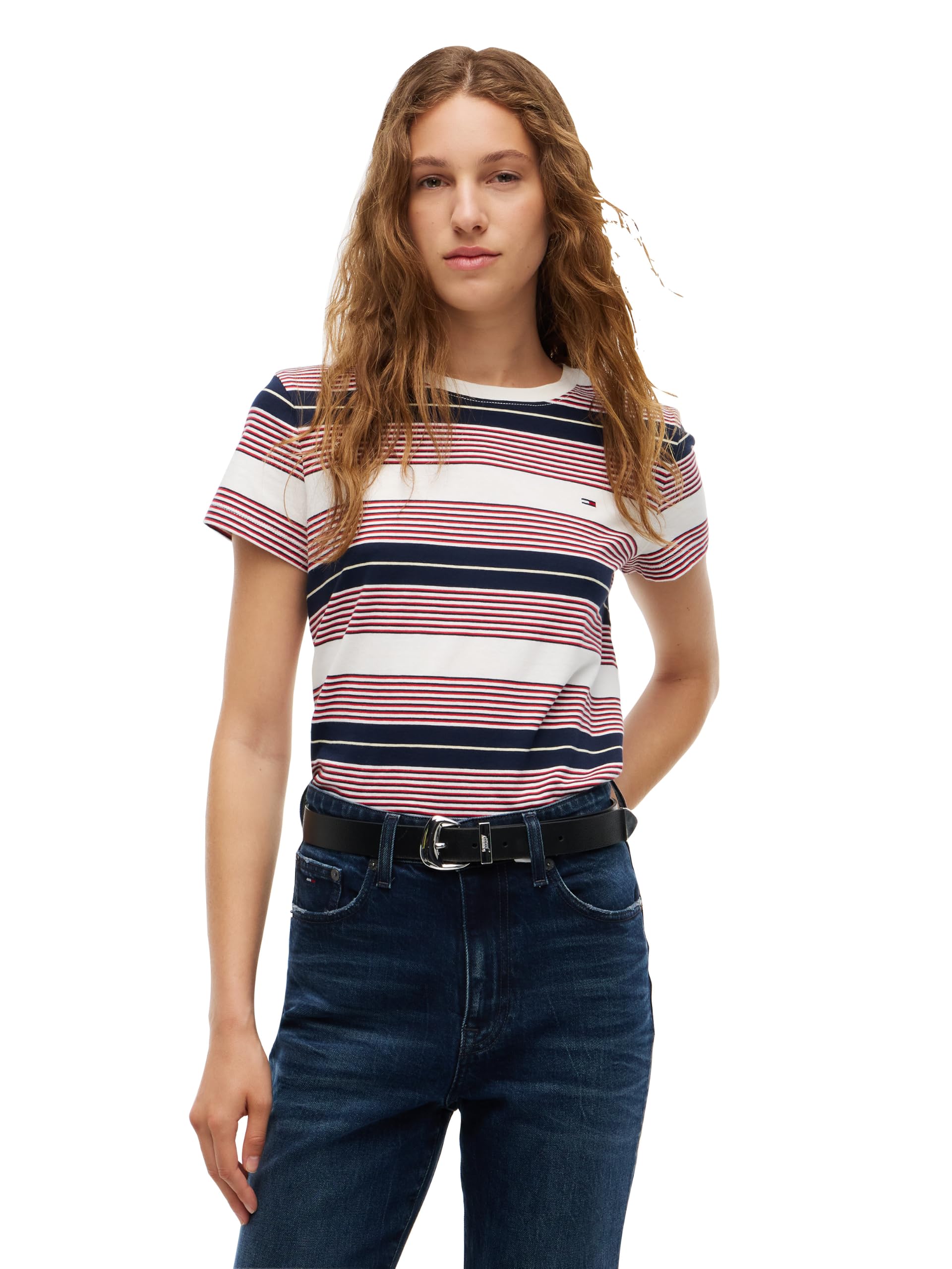 Women's Short Sleeve Striped Cotton Jersey Graphic Crewneck T-Shirts