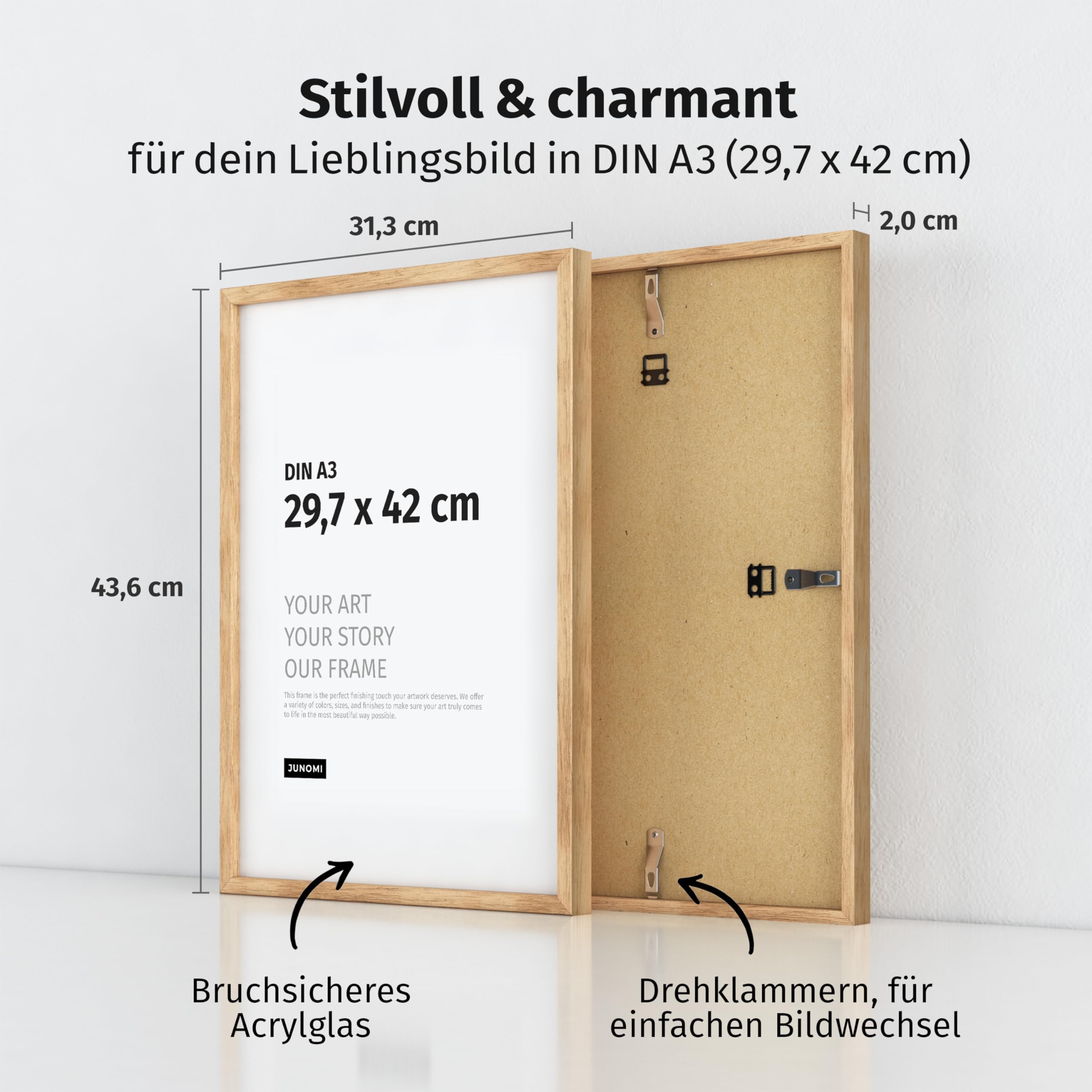 JUNOMI Premium Oak Picture Frame A3 (29.7 x 42 cm) - Real Oak Wood Frame with Shatterproof Acrylic Front, 29.7x42 cm / 1x - Image 3