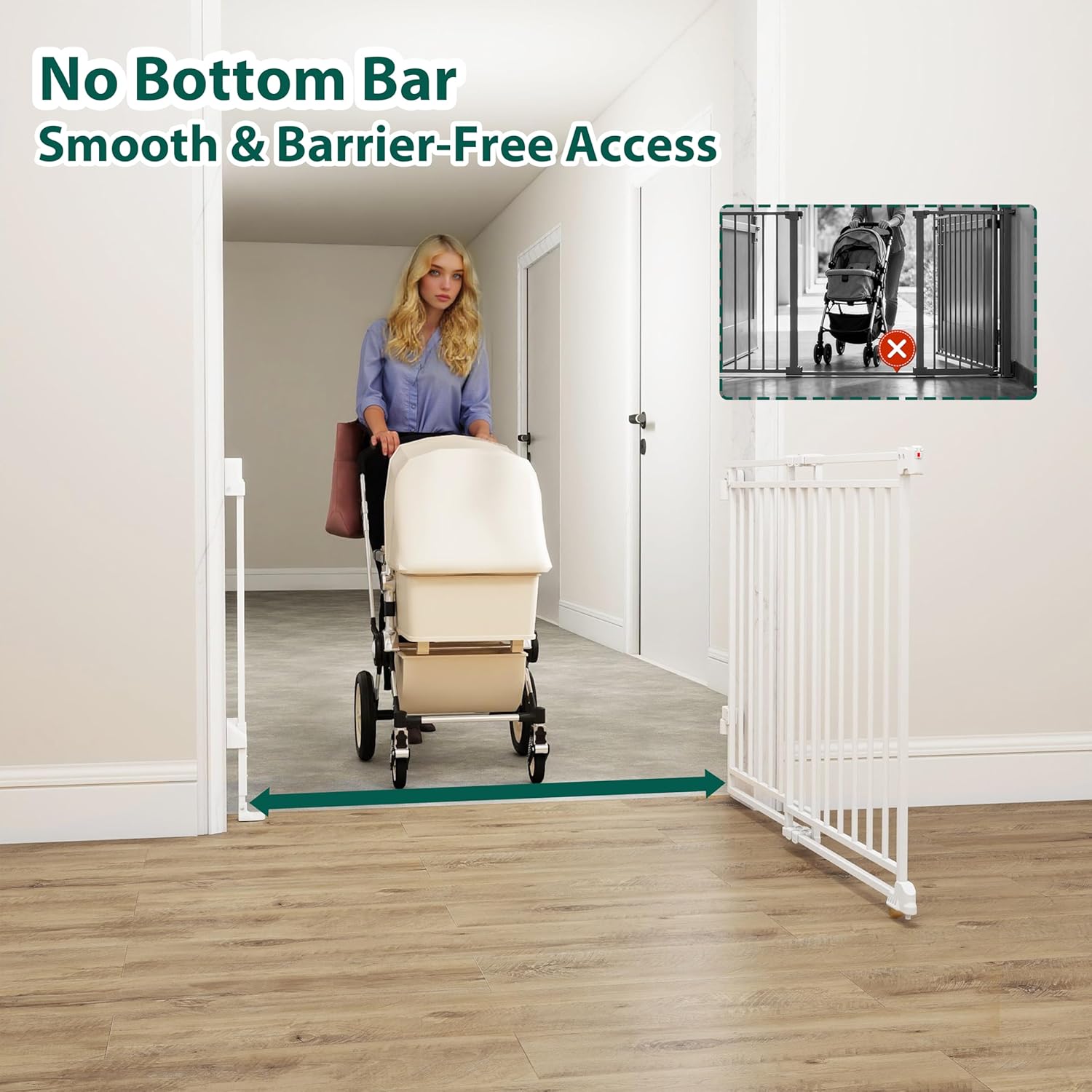 26.5-43" No Bottom Bar Baby Gate for Stairs and Doorways, 29" Tall Hardware-Mounted Baby Gate for Top and Bottom Stairs, Auto-Close Dog Gate Indoor with Extra Wide Walk Thru