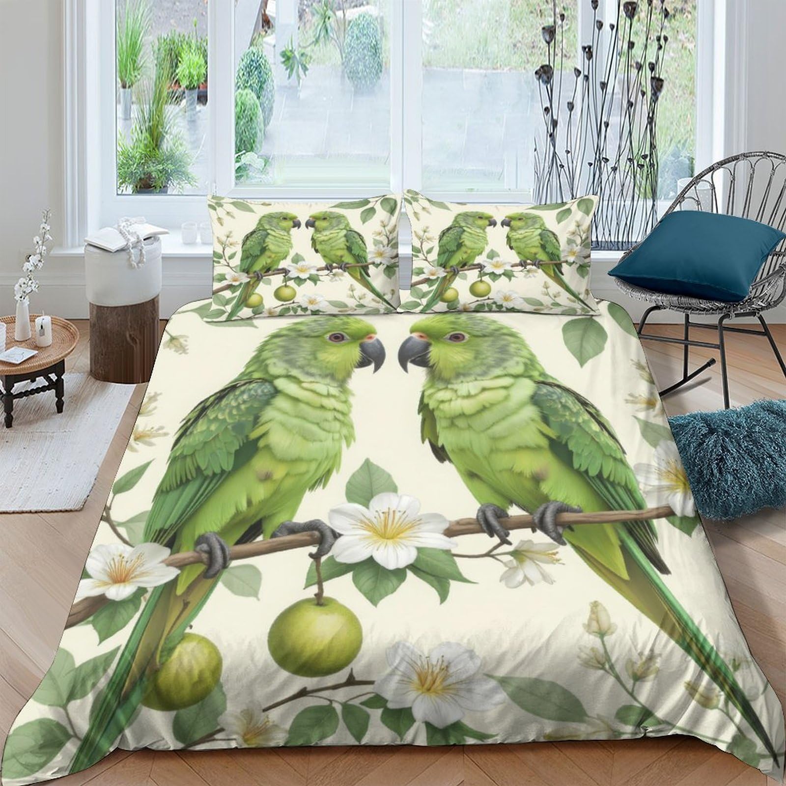 Ctjqhvkz Style-1 3D Printed Green Parrot Fitted Sheet Microfiber Soft Botanical Lemon Bed Cover For Bedroom Guest Room Decor Single（135X200cm）