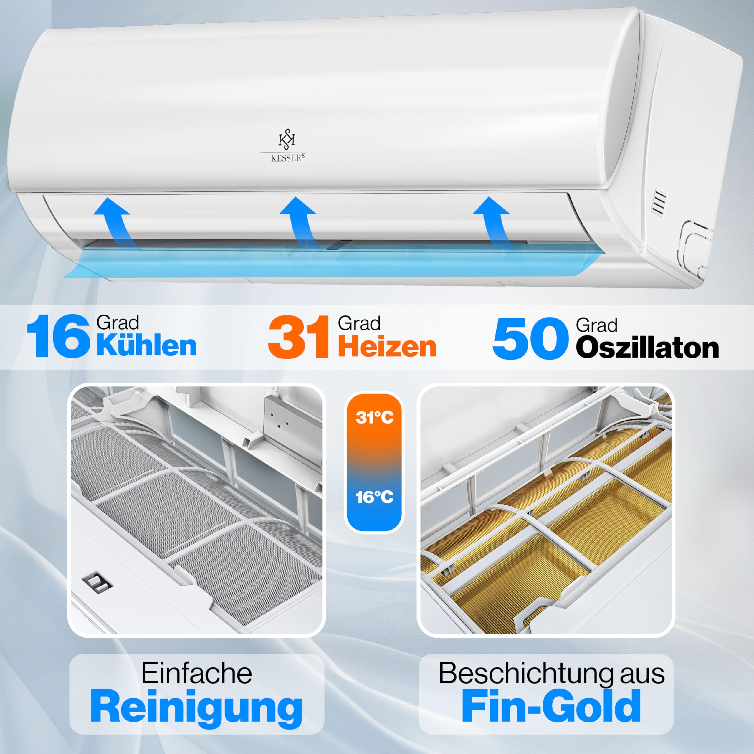 KESSER Split Klimaanlage Set Quick Connect 9000 BTU 2,6 kW WiFi Klimagerät mit Heizfunktion & Kühlmodus R32