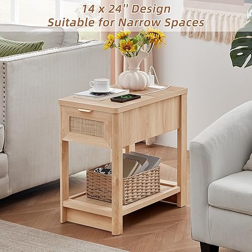 Miniatura 5 de Lerliuo Juego de 2 mesitas de noche de ratán, mesita de noche estrecha con estación de carga, mesa auxiliar de cama bohemia con cajón estante de