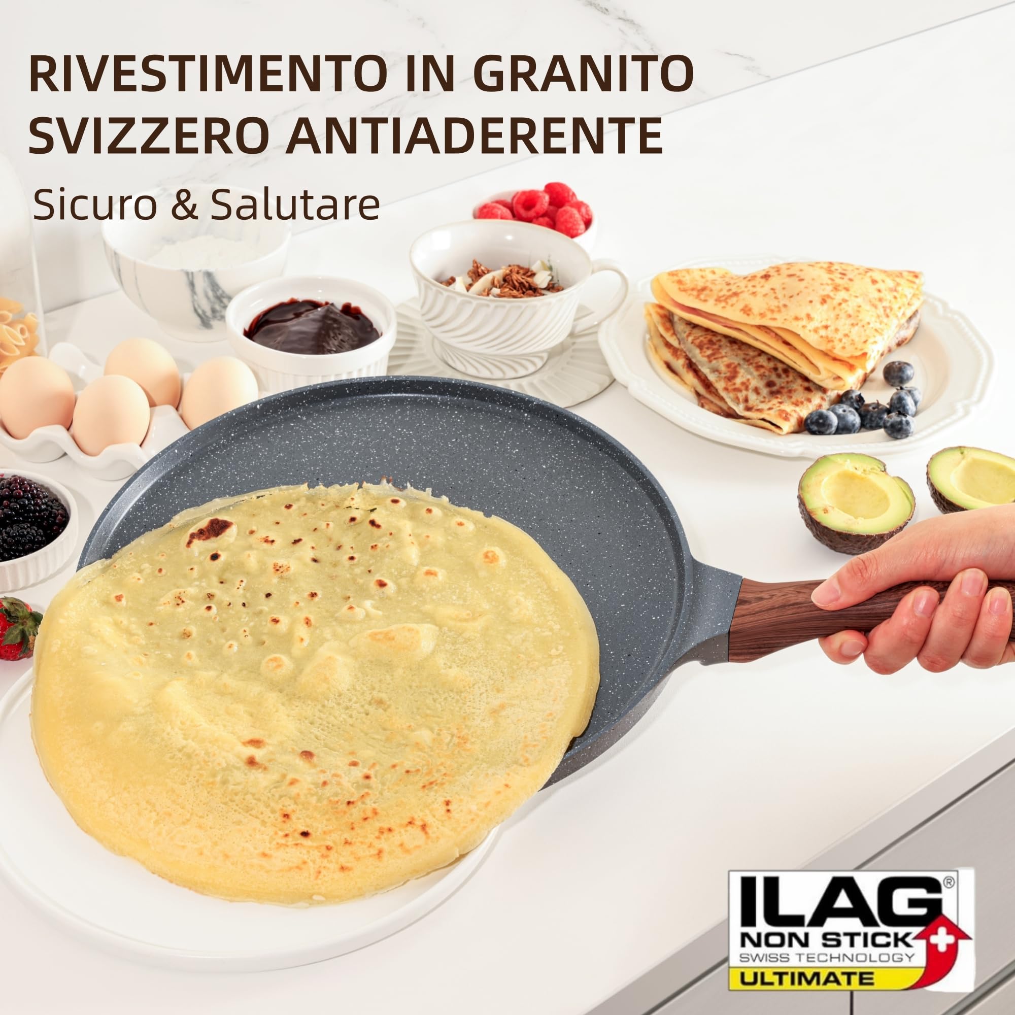 SENSARTE Padelle per Crepe 26cm Con Rivestimento Antiaderente In Granito, Crepiera con Distributore di Impasti, Per Ogni Piano Cottura Incluso l'Induzione