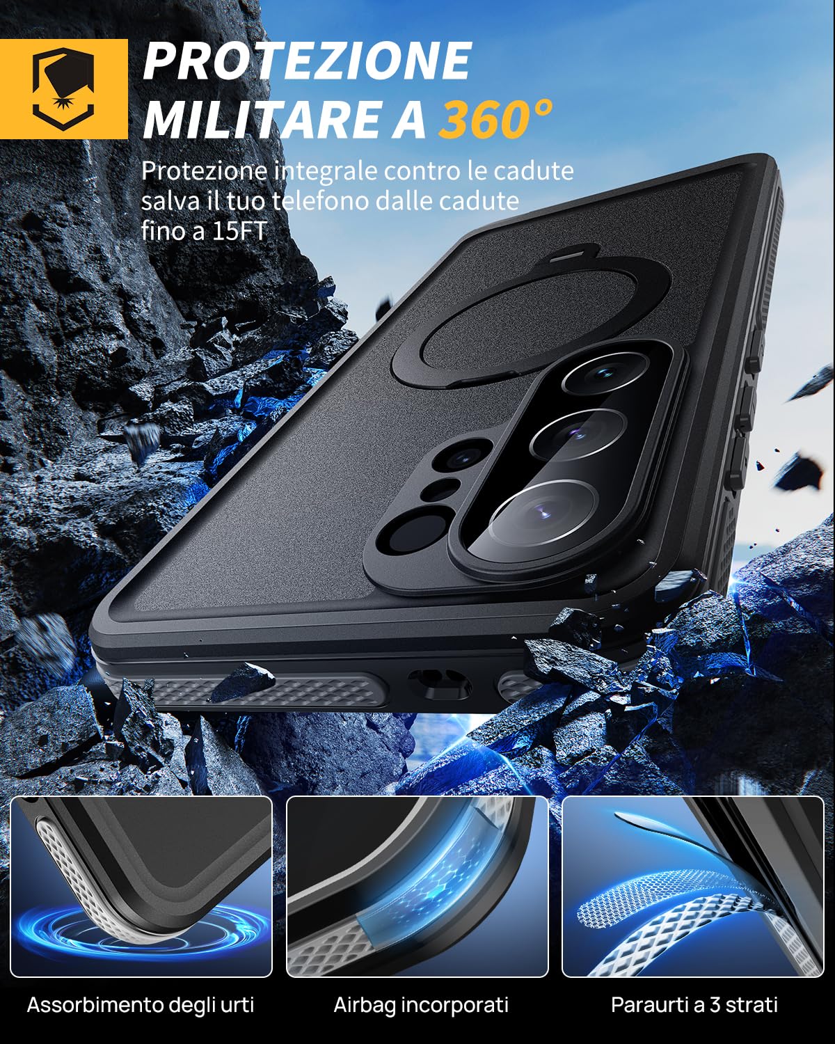 Lanhiem Custodia per Samsung Galaxy S26 Ultra 5G Cavalletto, Nero | IP68 Impermeabile, Cavalletto Girevole Nascosto, Anti-Caduta e Anti-Graffio, Protezione Militare a 360°