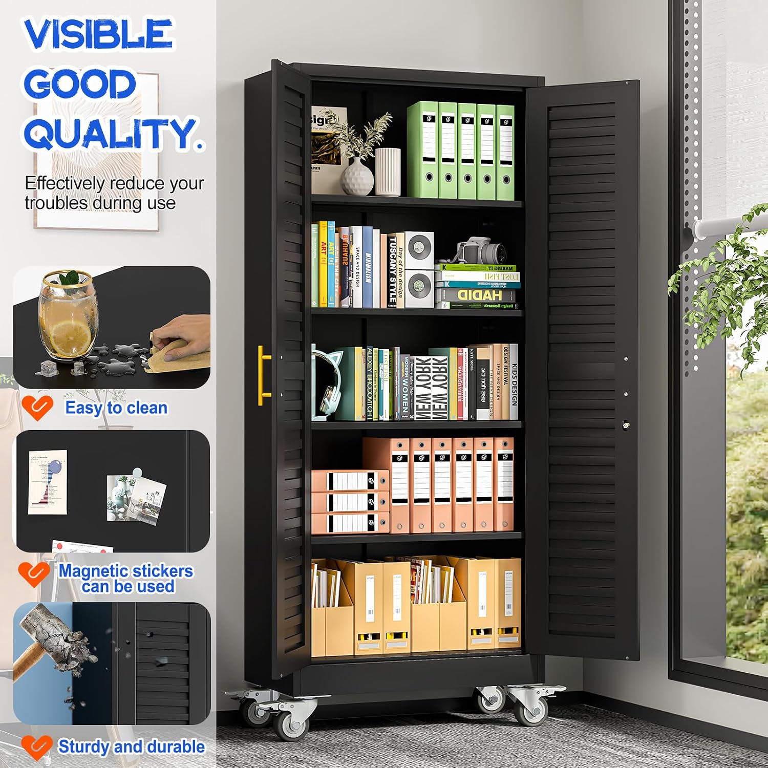 GAIOUS 71” Metal Garage Storage Cabinet with Lock and Wheels, Metal Storage Cabinet with Louvered Door and 4 Adjustable Shelves, Rolling Tool Cabinet, Utility File Cabinet for Home Office -Black