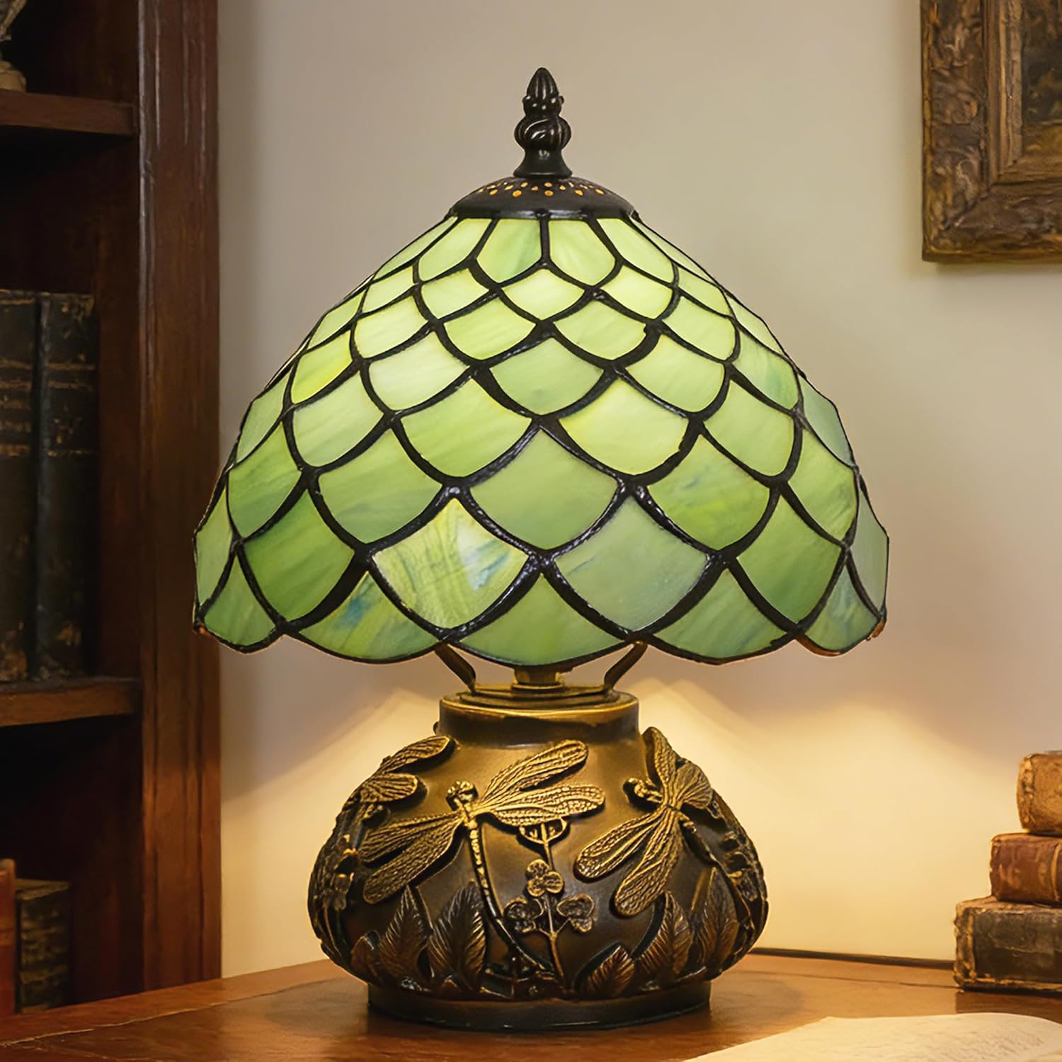 Small Tiffany Lamp Mini Stained Glass Table Lamp Mushroom Memory Sympathy Lamp 8X11 Inch (Fishscale Style)