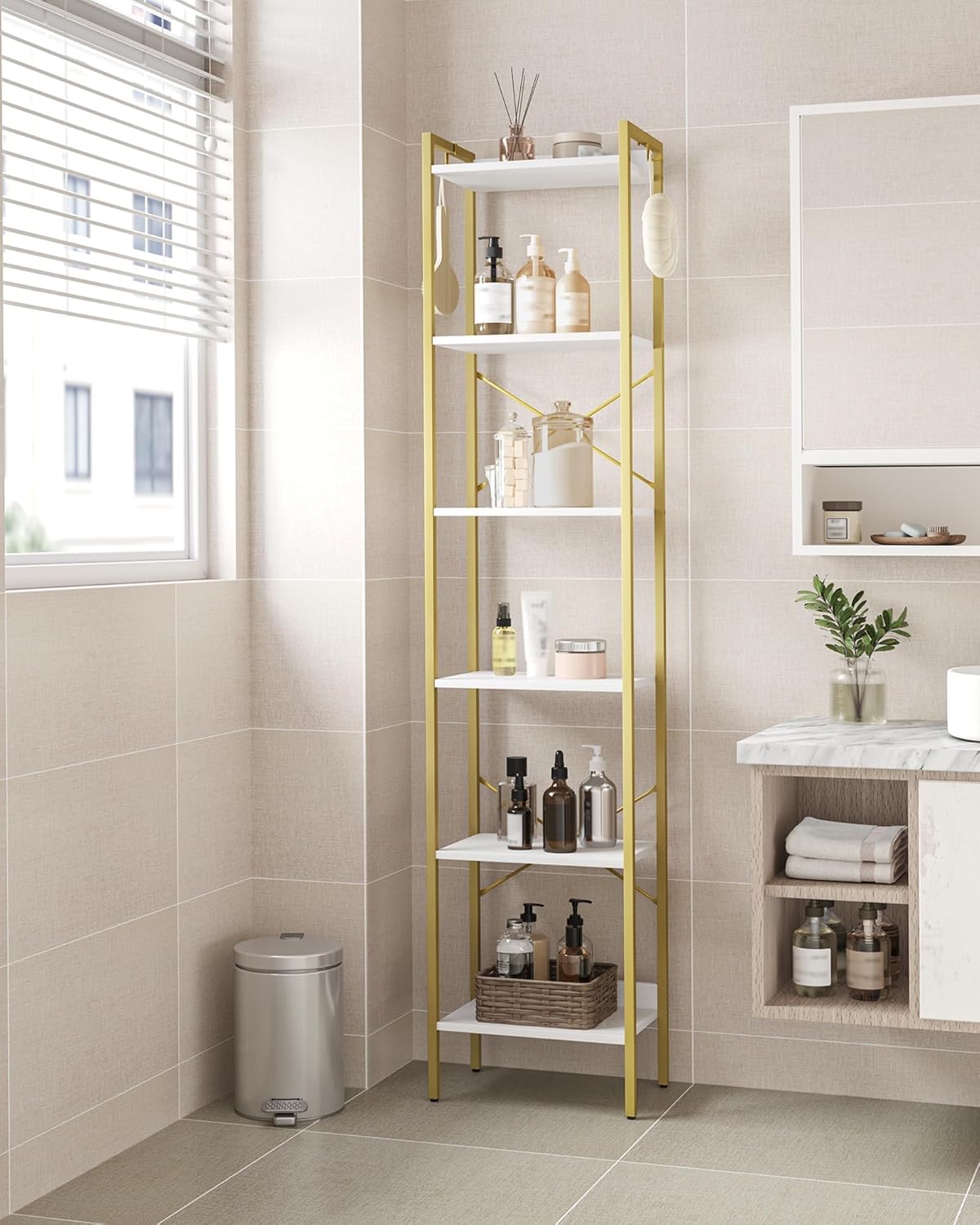 Bookshelf, Book Shelf, Industrial Bookcase with 2 Hooks, Coner Shelf Storage Organizer for Home Office, Living Room, Bedroom, Kitchen, 6-Tier White-Gold BC10713G