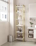 Hzuaneri Bookshelf, Book Shelf, Industrial Bookcase with 2 Hooks, Coner Shelf Storage Organizer for Home Office, Living Room, Bedroom, Kitchen, 6-Tier White-Gold BC10713G